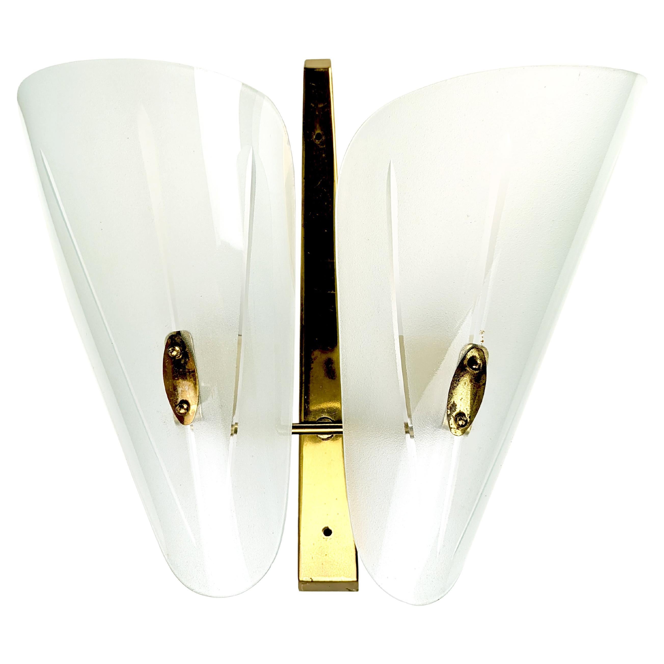 Italian Brass and Sandblasted Glass Mid-Century Sconce with curved glass shades