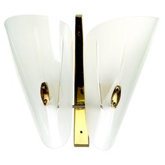 Italian Brass and Sandblasted Glass Mid-Century Sconce with curved glass shades