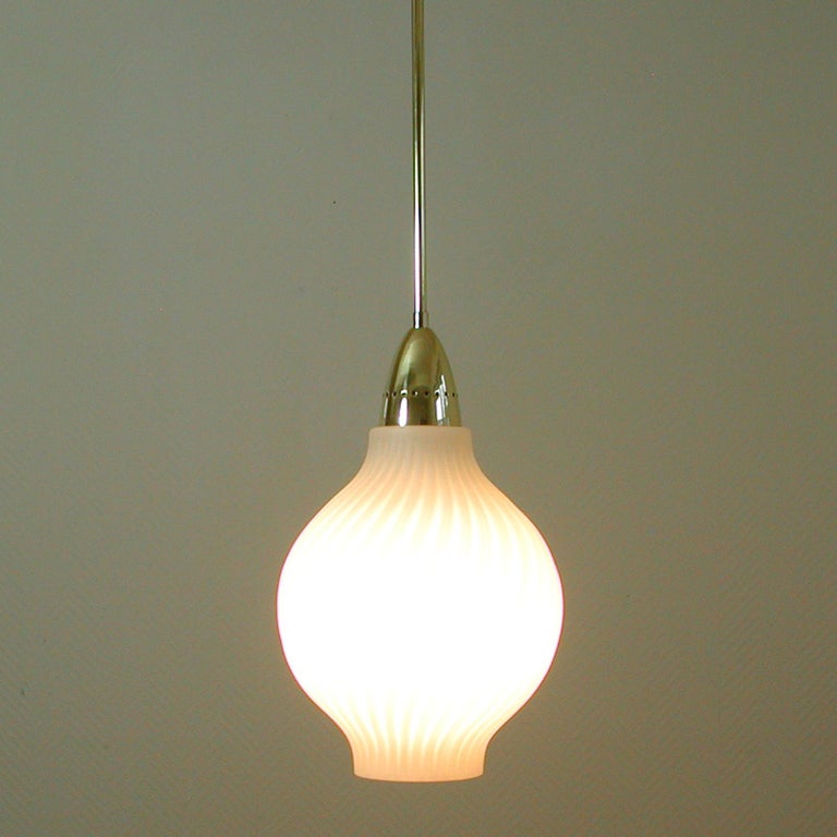 Italian Brass and Satin Opaline Glass Pendant Attributed to Arredoluce, 1950s For Sale 2
