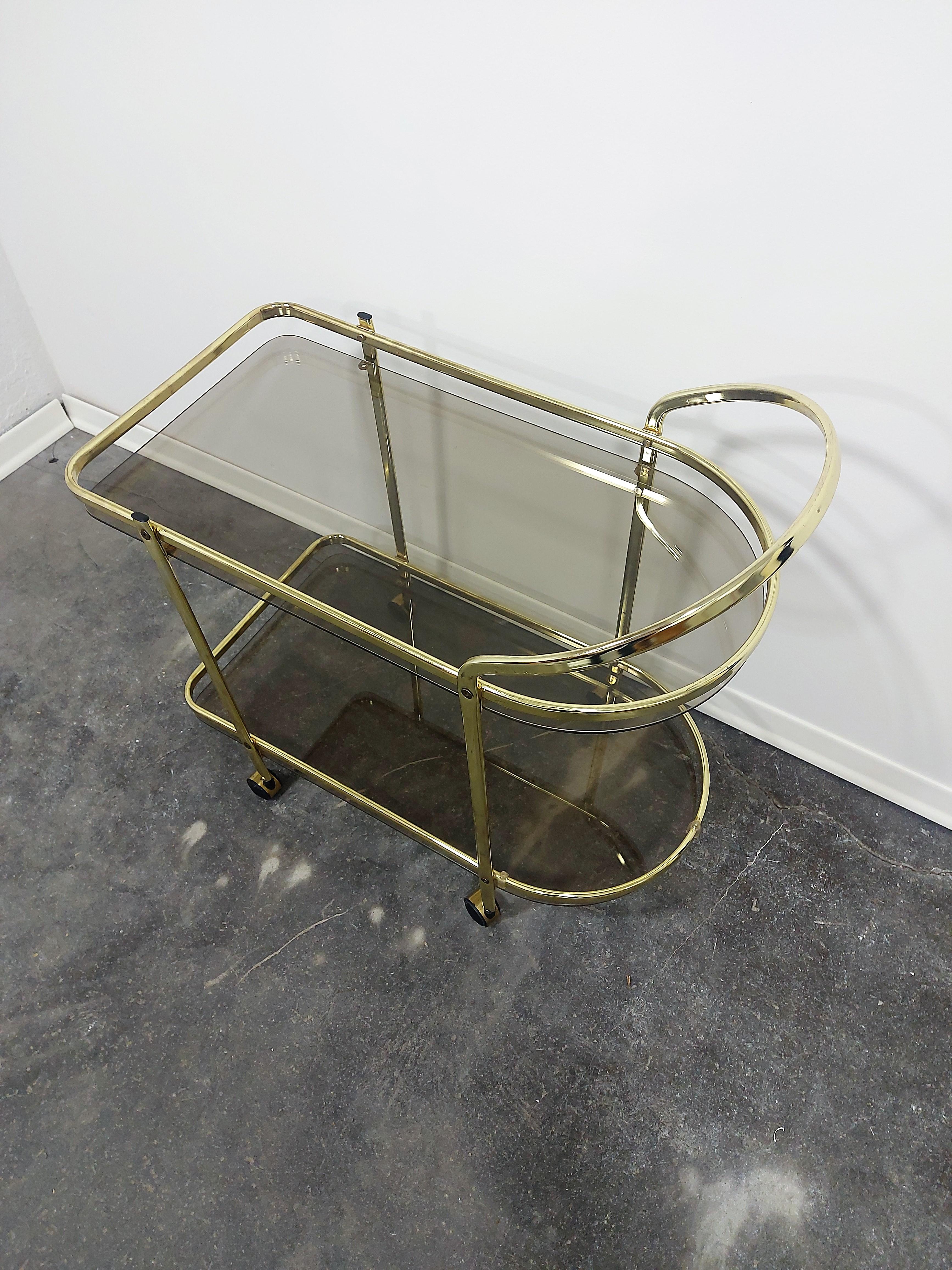 Mid-Century Modern Italian Brass and Smoked Glass Bar Cart, 1960s For Sale