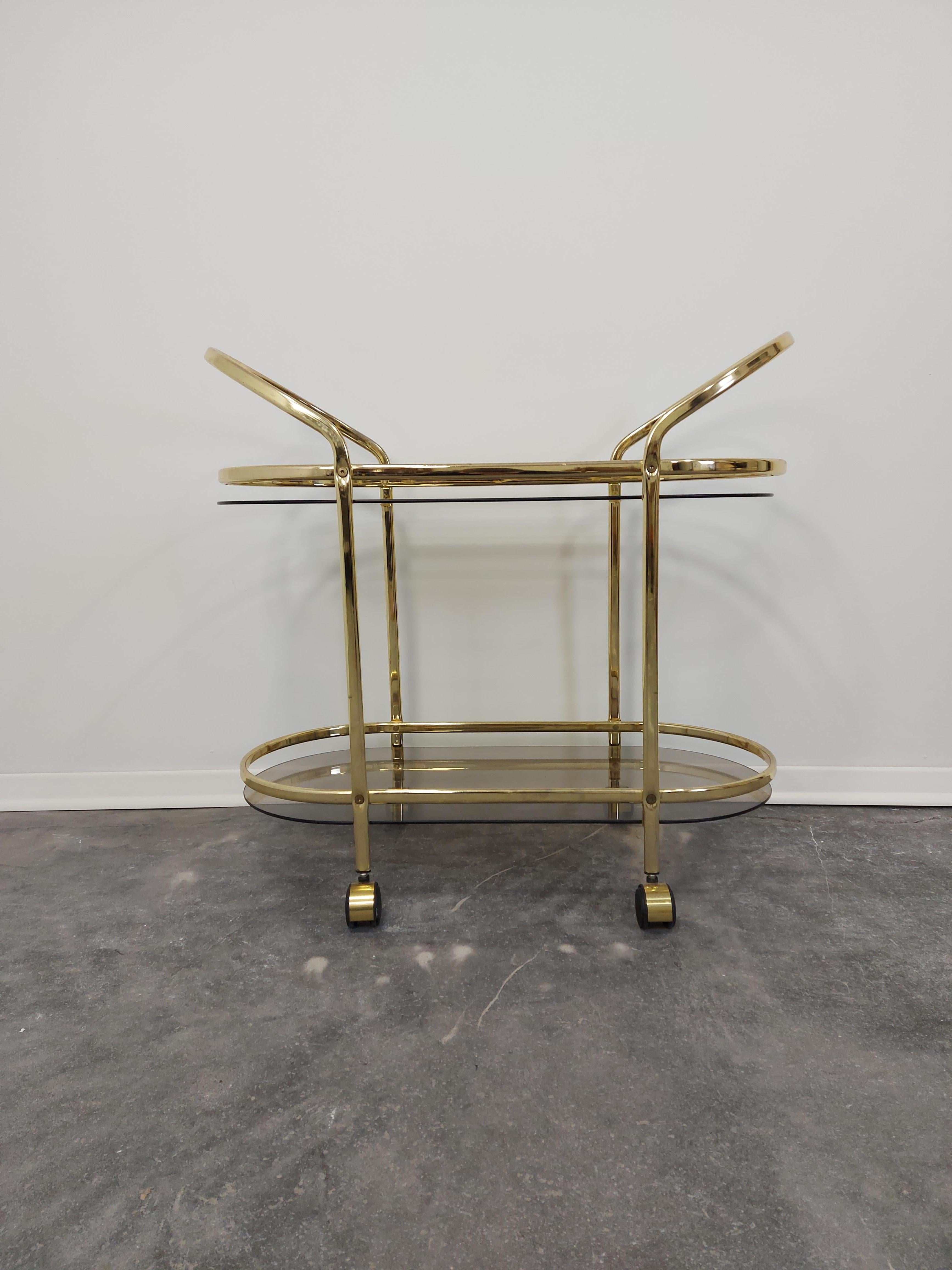 Slovenian Italian Brass and Smoked Glass Bar Cart 1960s