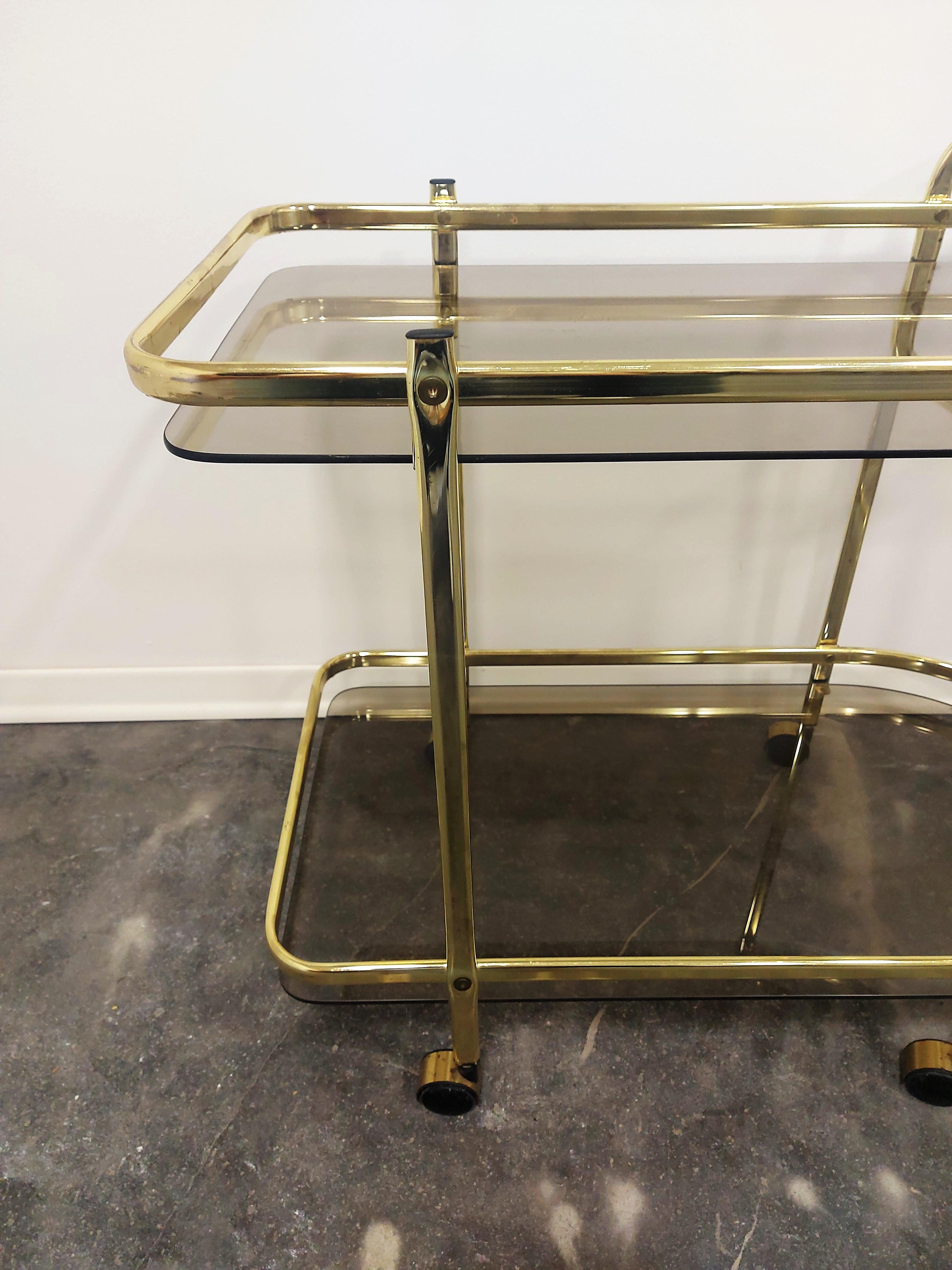 Mid-Century Modern Italian Brass and Smoked Glass Bar Cart, 1960s For Sale