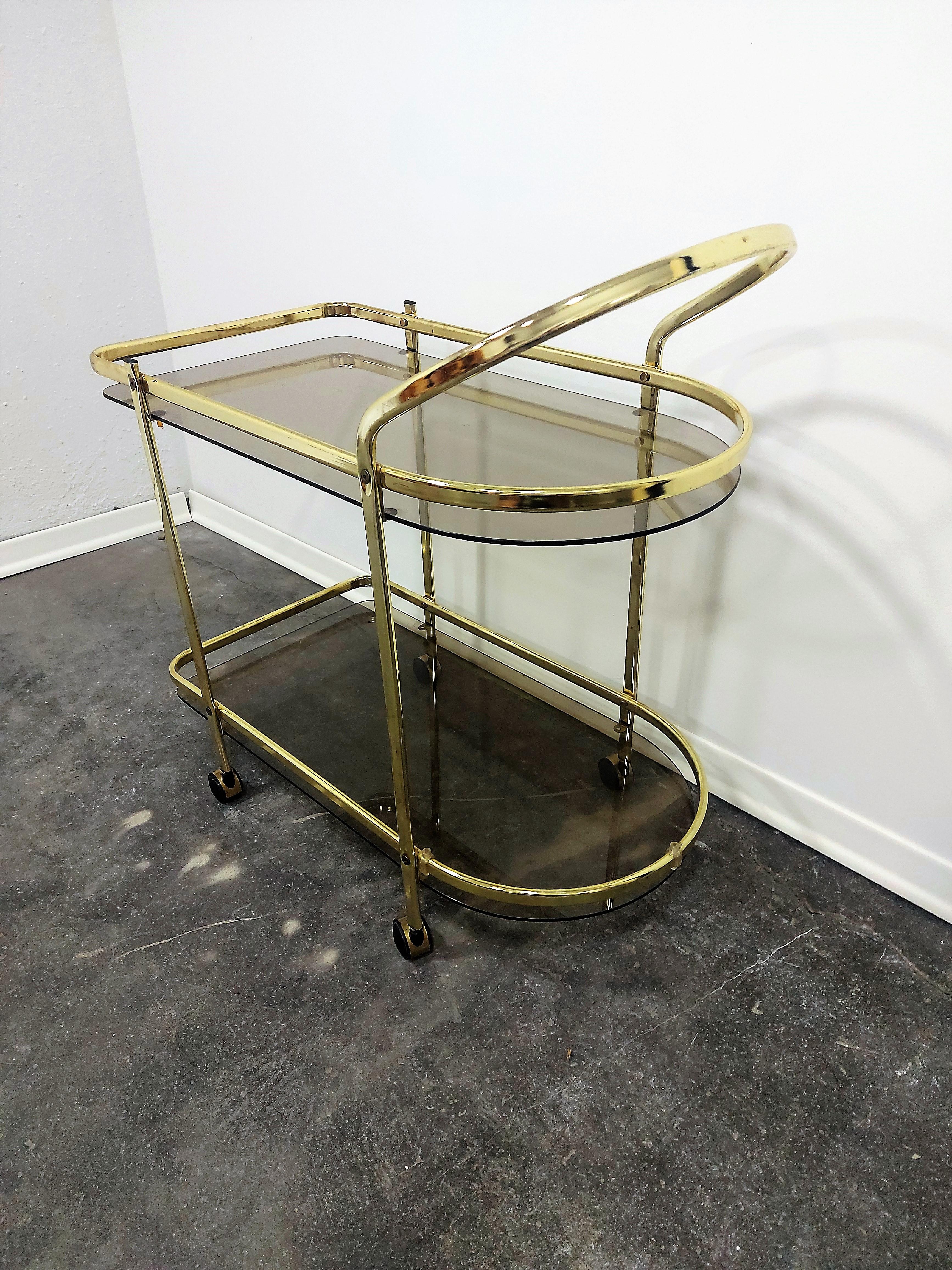 Mid-20th Century Italian Brass and Smoked Glass Bar Cart, 1960s For Sale