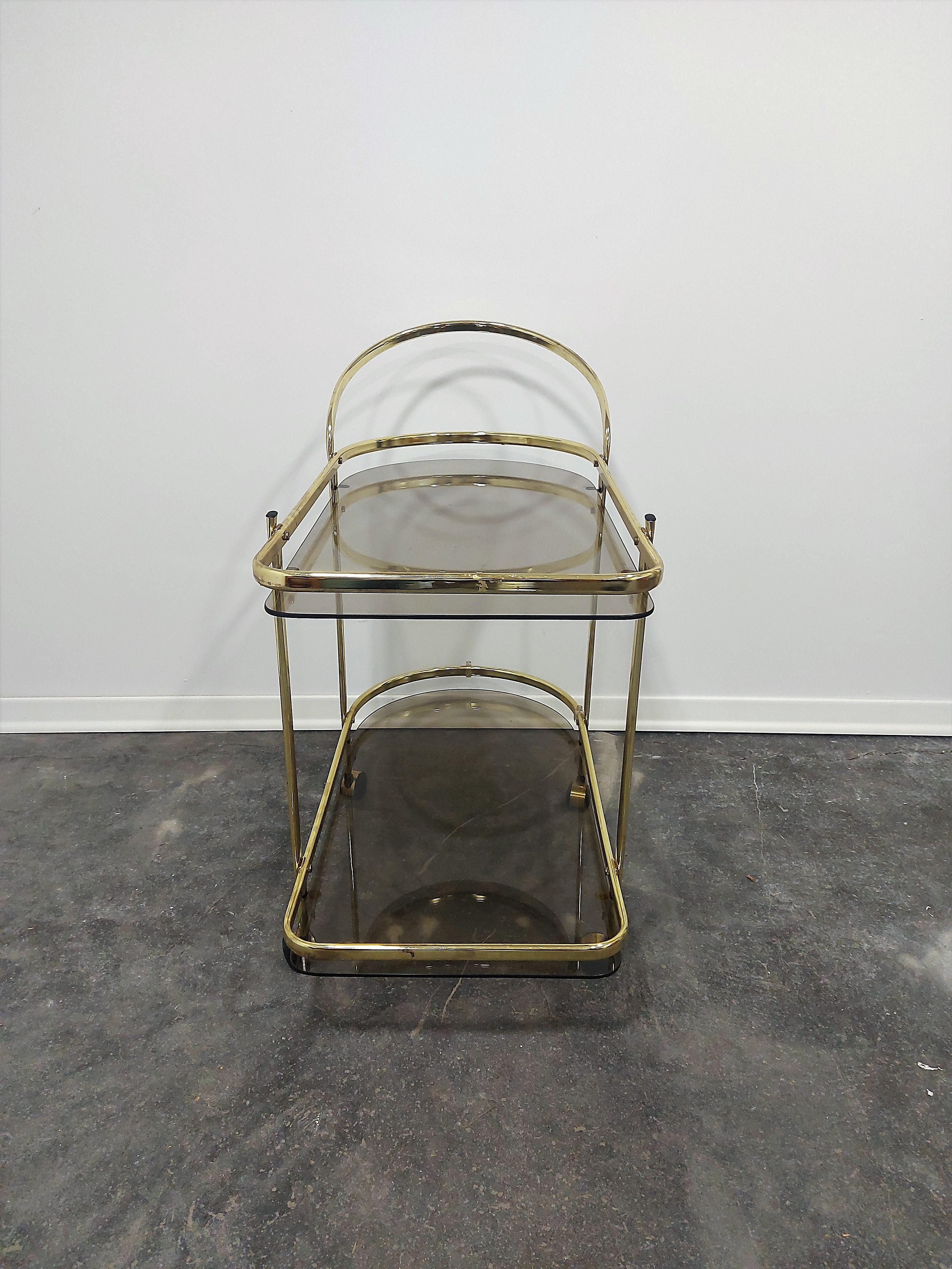 Mid-20th Century Italian Brass and Smoked Glass Bar Cart, 1960s For Sale