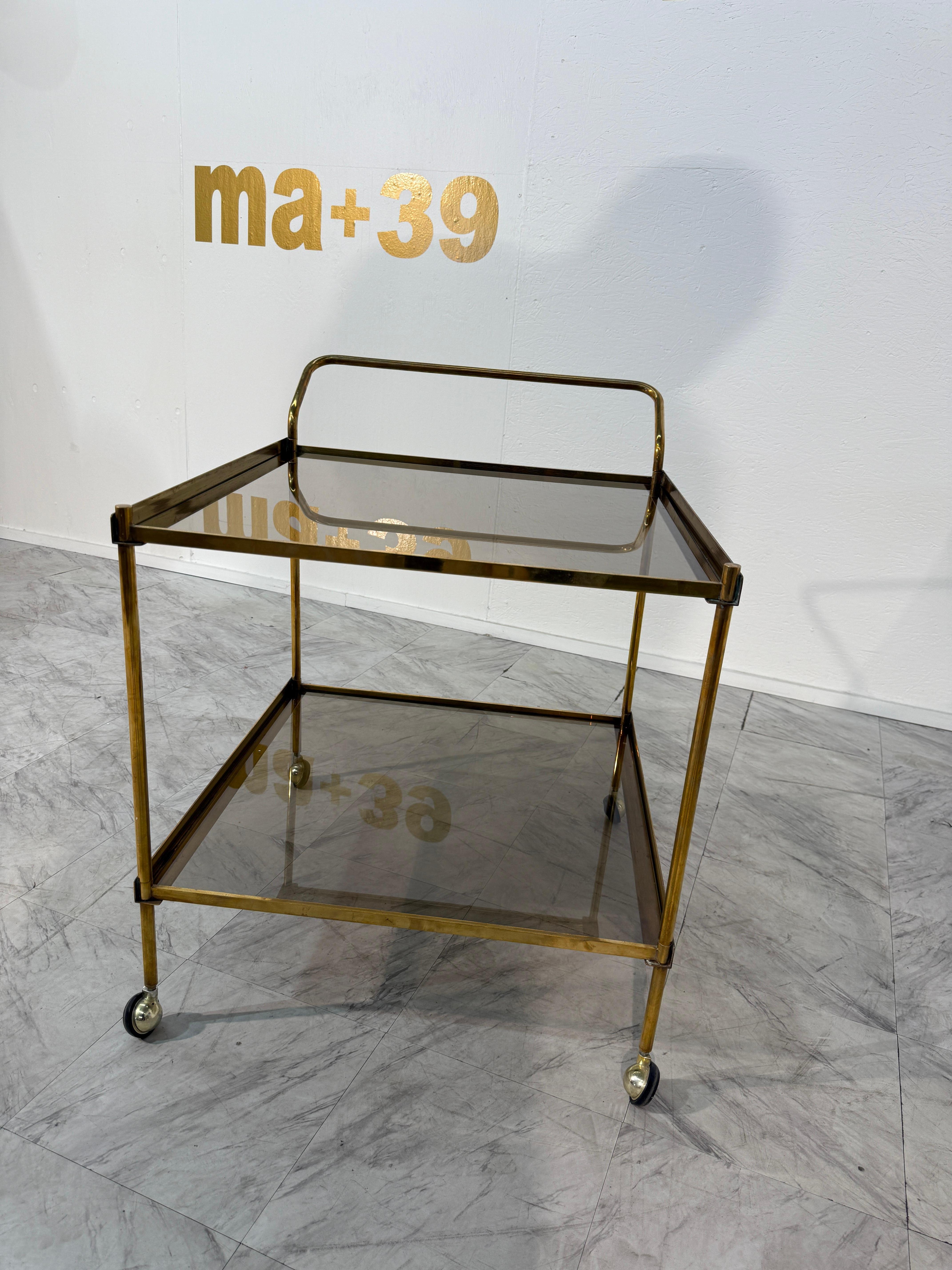 italien Italian Brass and Smoked Glass Bar Cart, 1970s en vente