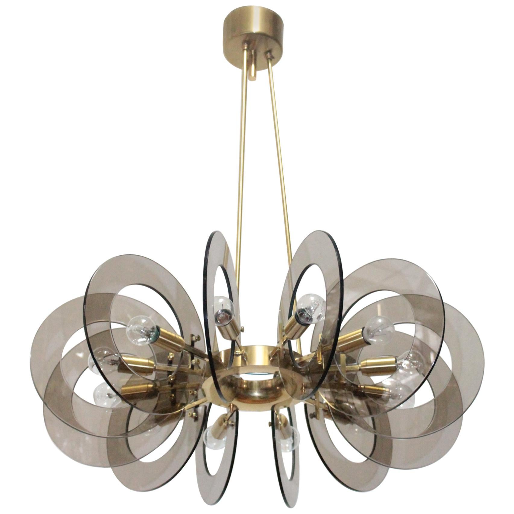 Italian Brass and Smoked Glass Chandelier by Gino Paroldo, 1960s For Sale