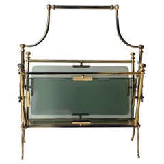Italian Brass and Smoked Glass Magazine Rack, Italy, 1960s