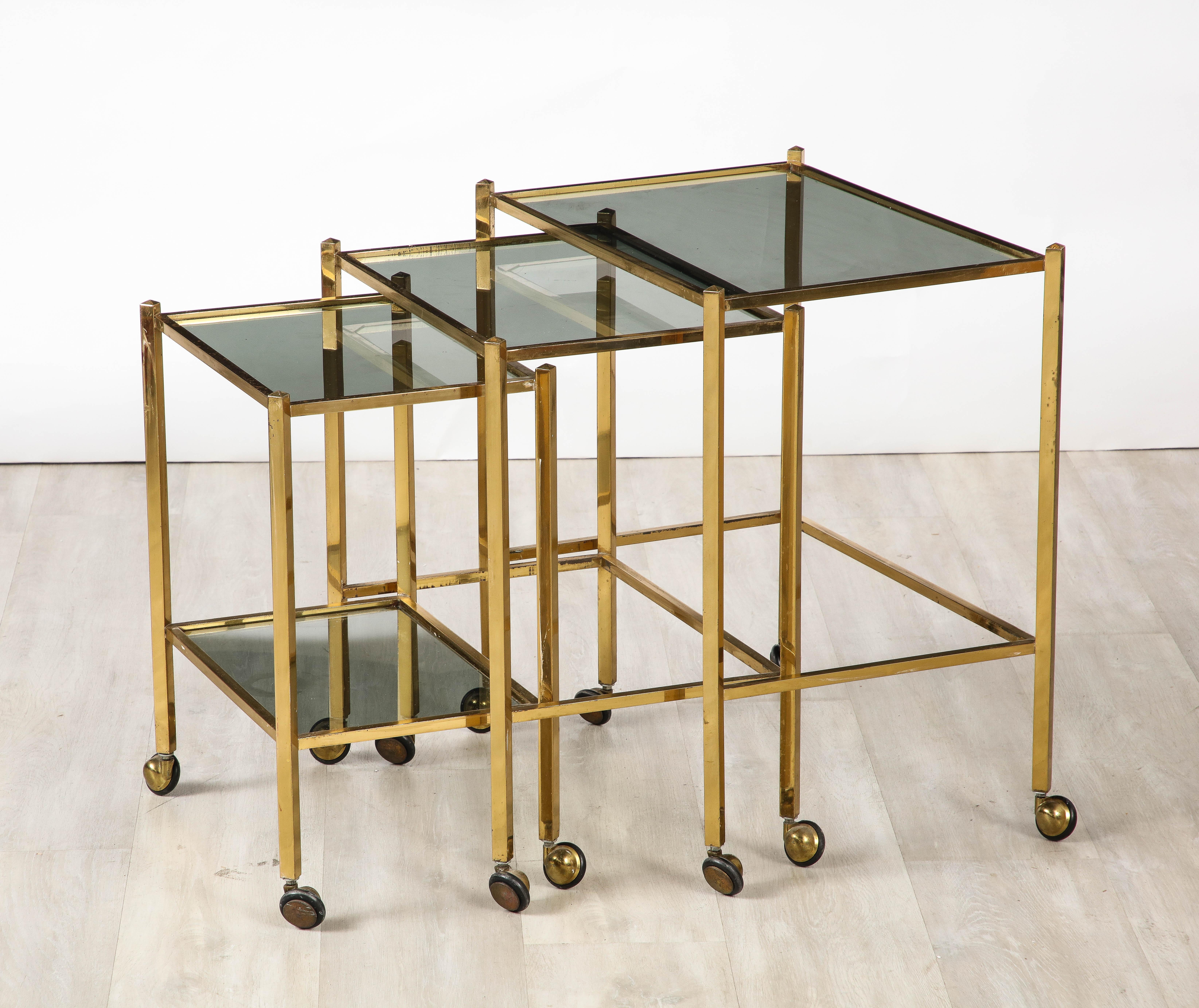 Italian Brass and Smoked Glass Nesting Tables, Italy, circa 1960 For Sale 1
