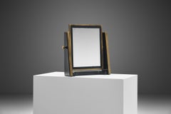 Italian Brass and Stained Wood Table Mirror, Italy 1970s