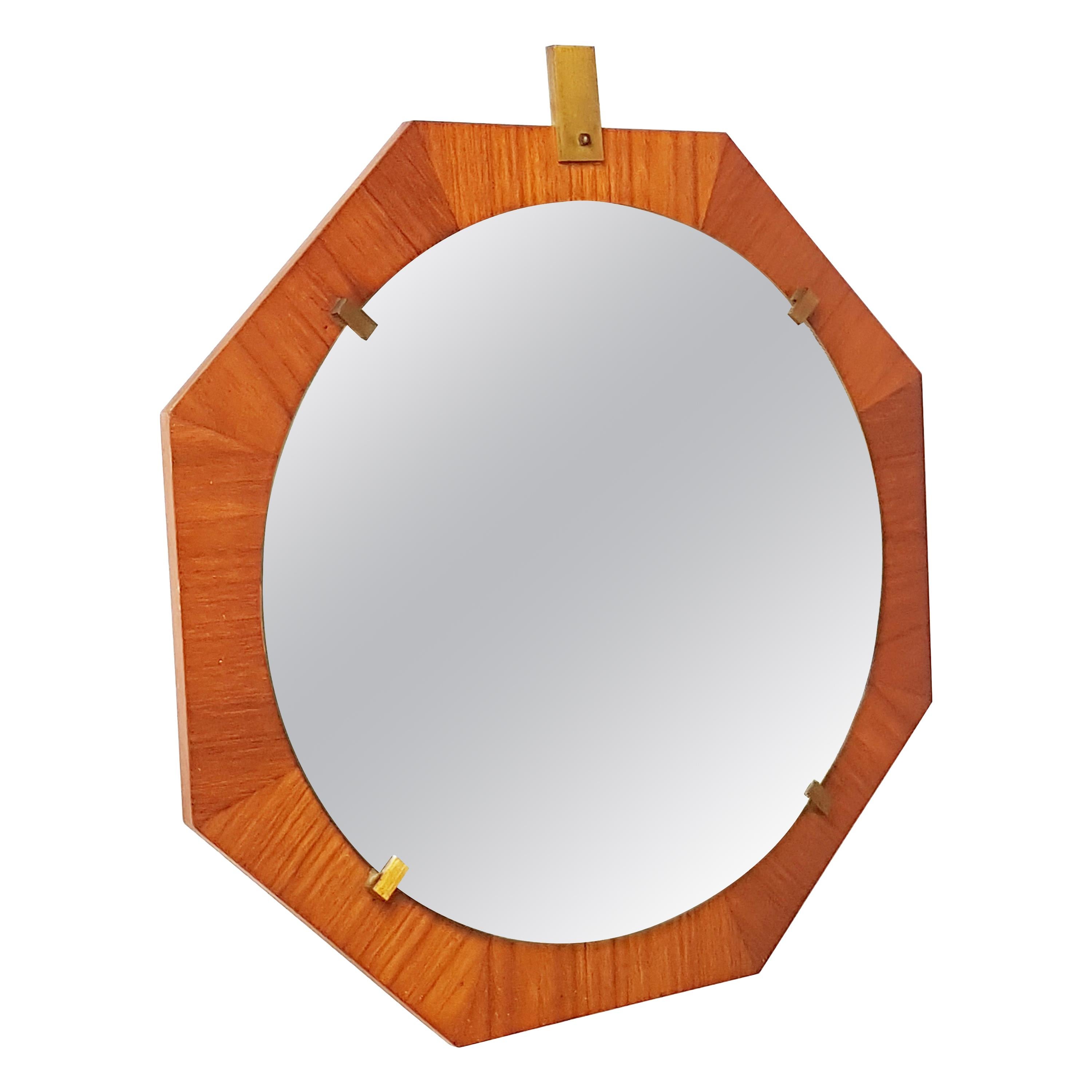 Italian Brass and Teak 1960s Octagonal Wall Mirror