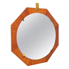 Miroir mural octogonal italien en laiton et teck des années 1960