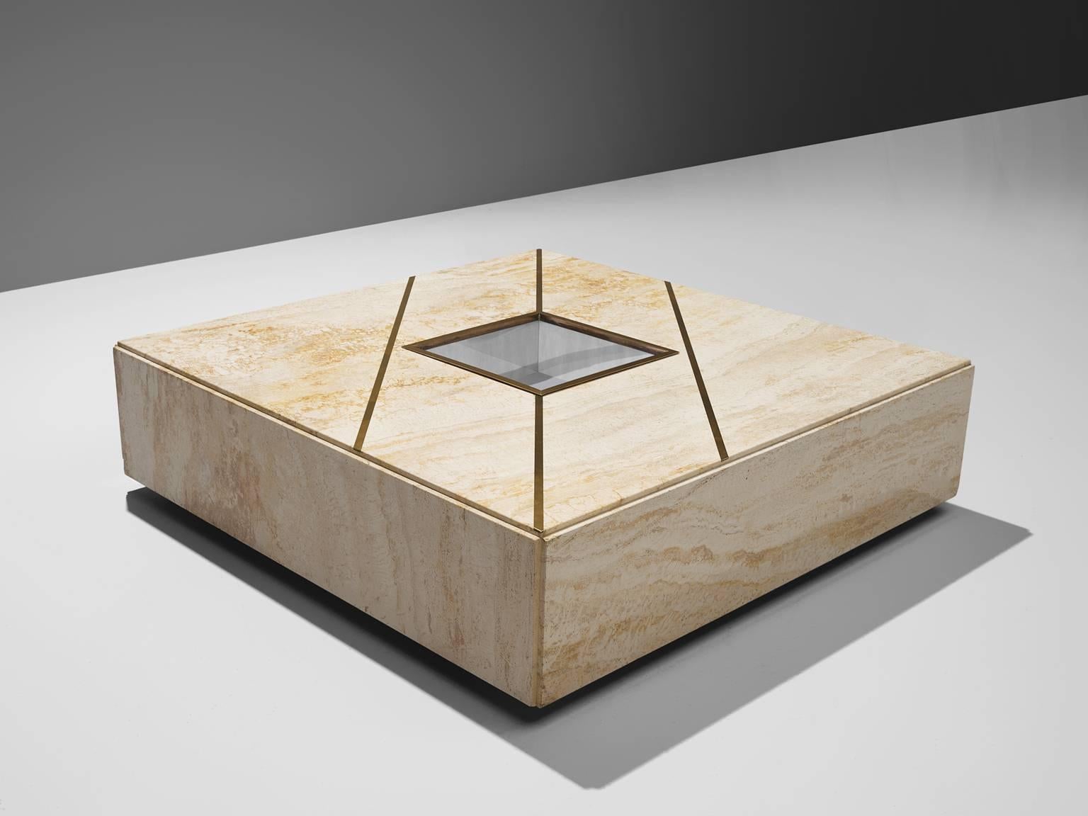 Coffee table, travertine and brass, 1970s, Italy.

This cocktail table is designed in the style of Willy Rizzo. The coffee table features particular design aesthetics of Postmodern Italian design. It features slick and clean look thanks to the