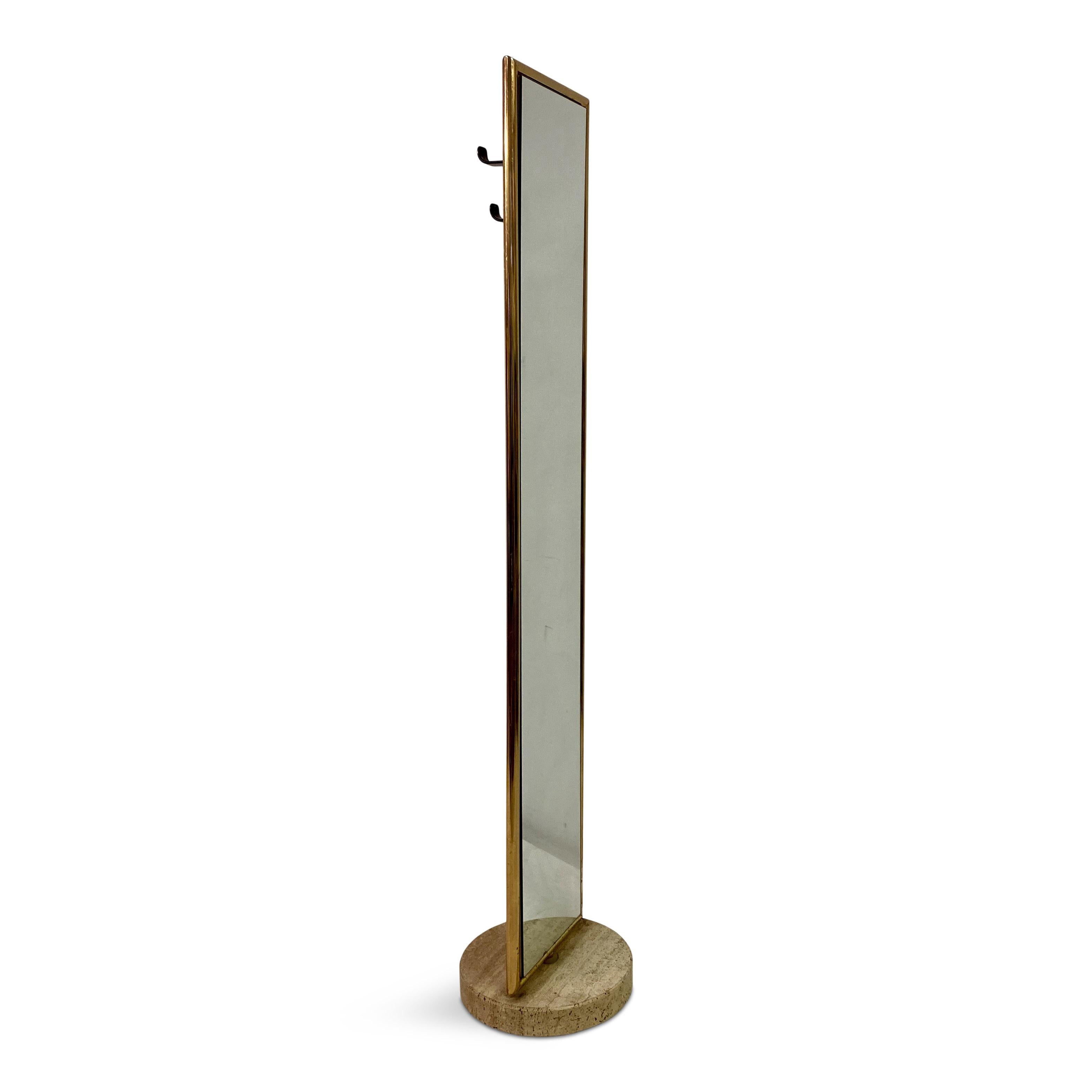 Floor standing mirror

Brass frame

Circular travertine base

Two clothes hooks on the back

Italy 1970s/1980s.