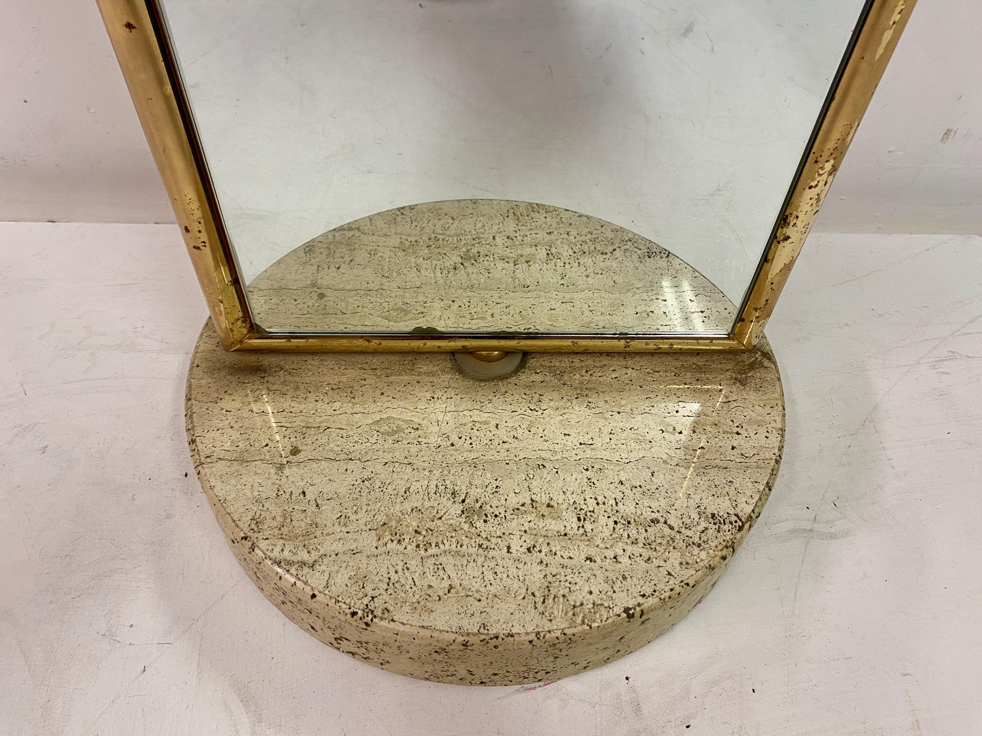 Italian Brass and Travertine Floor Standing Mirror In Good Condition In London, London