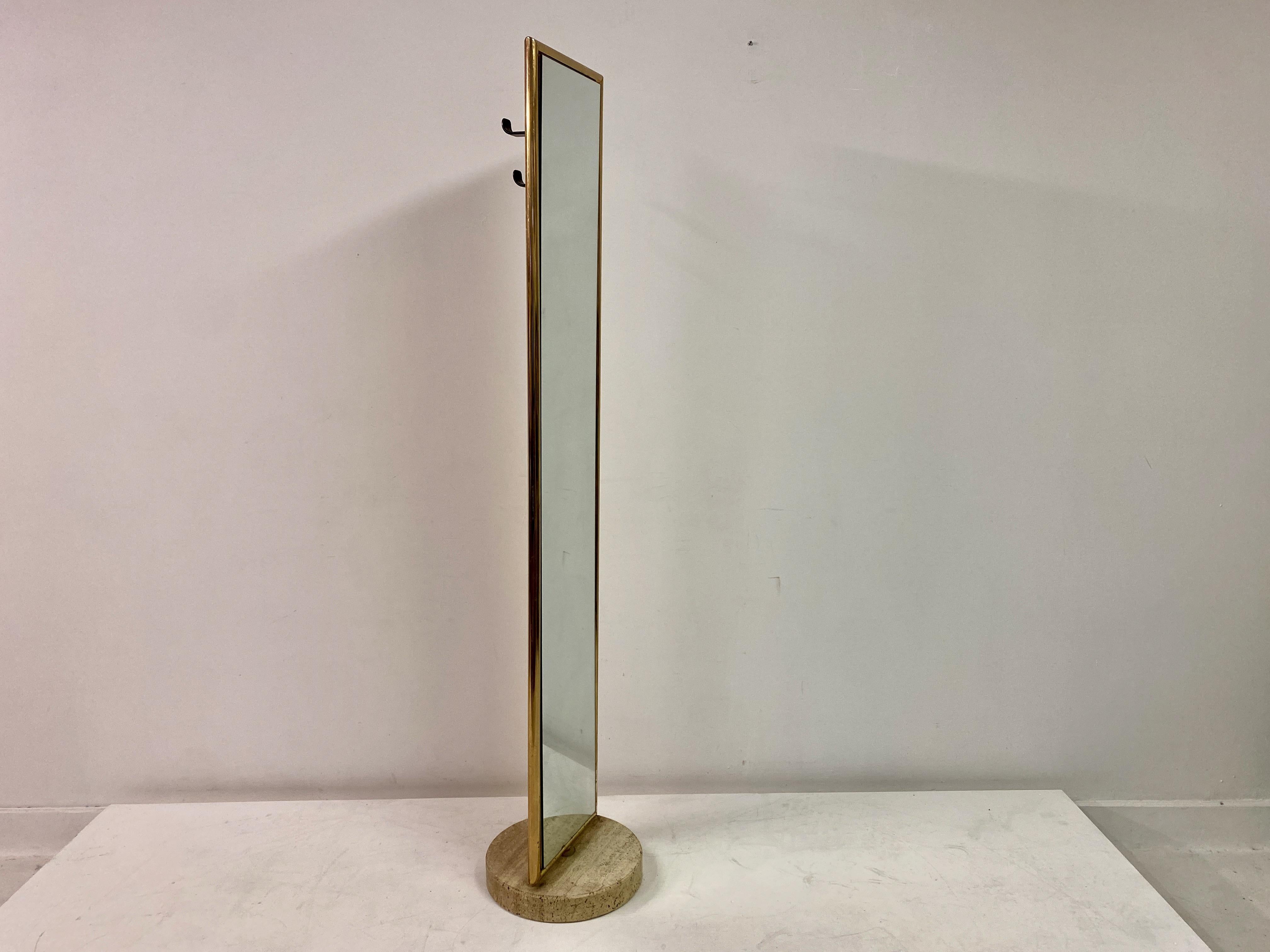 20th Century Italian Brass and Travertine Floor Standing Mirror