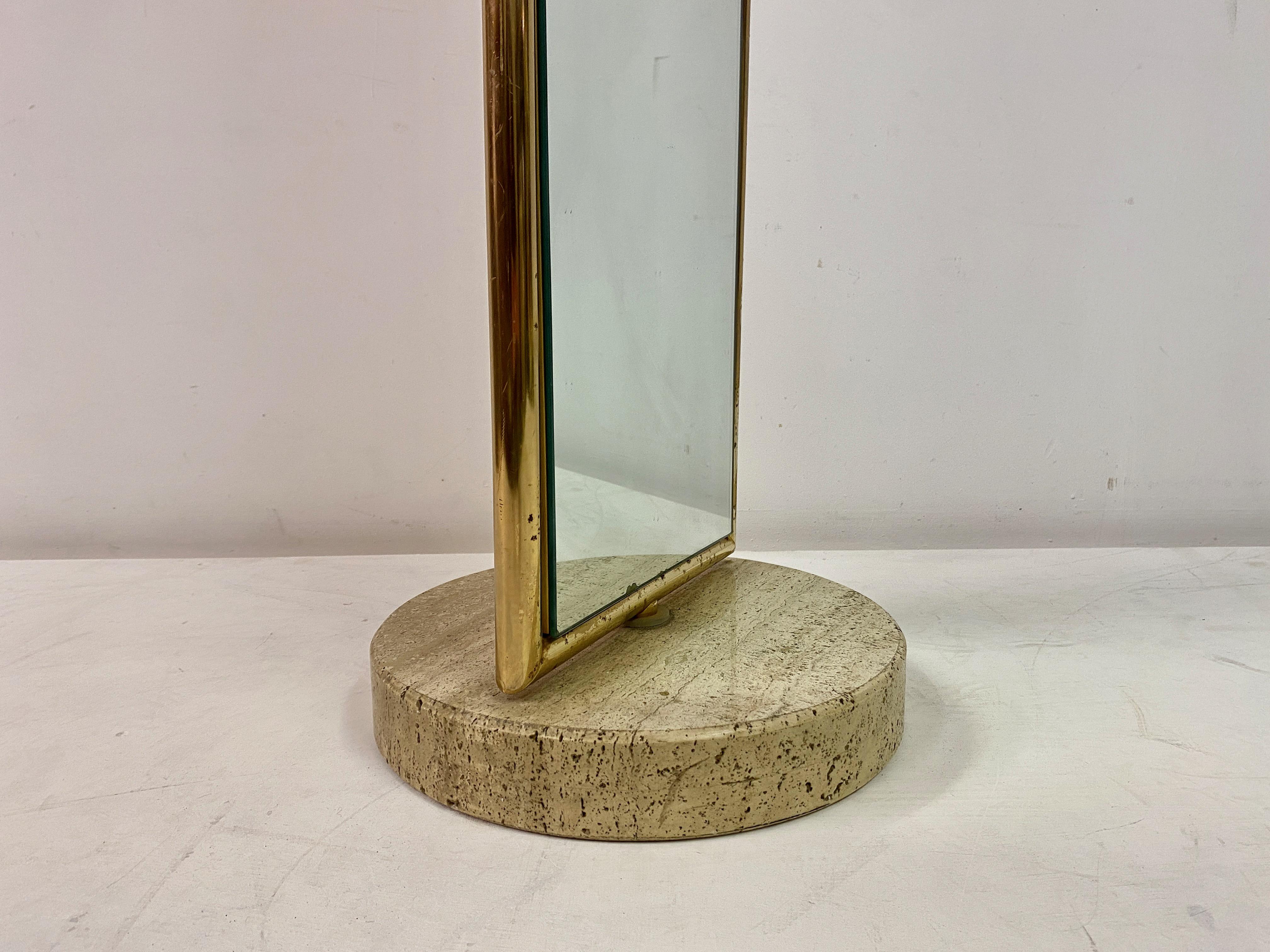 Italian Brass and Travertine Floor Standing Mirror 1