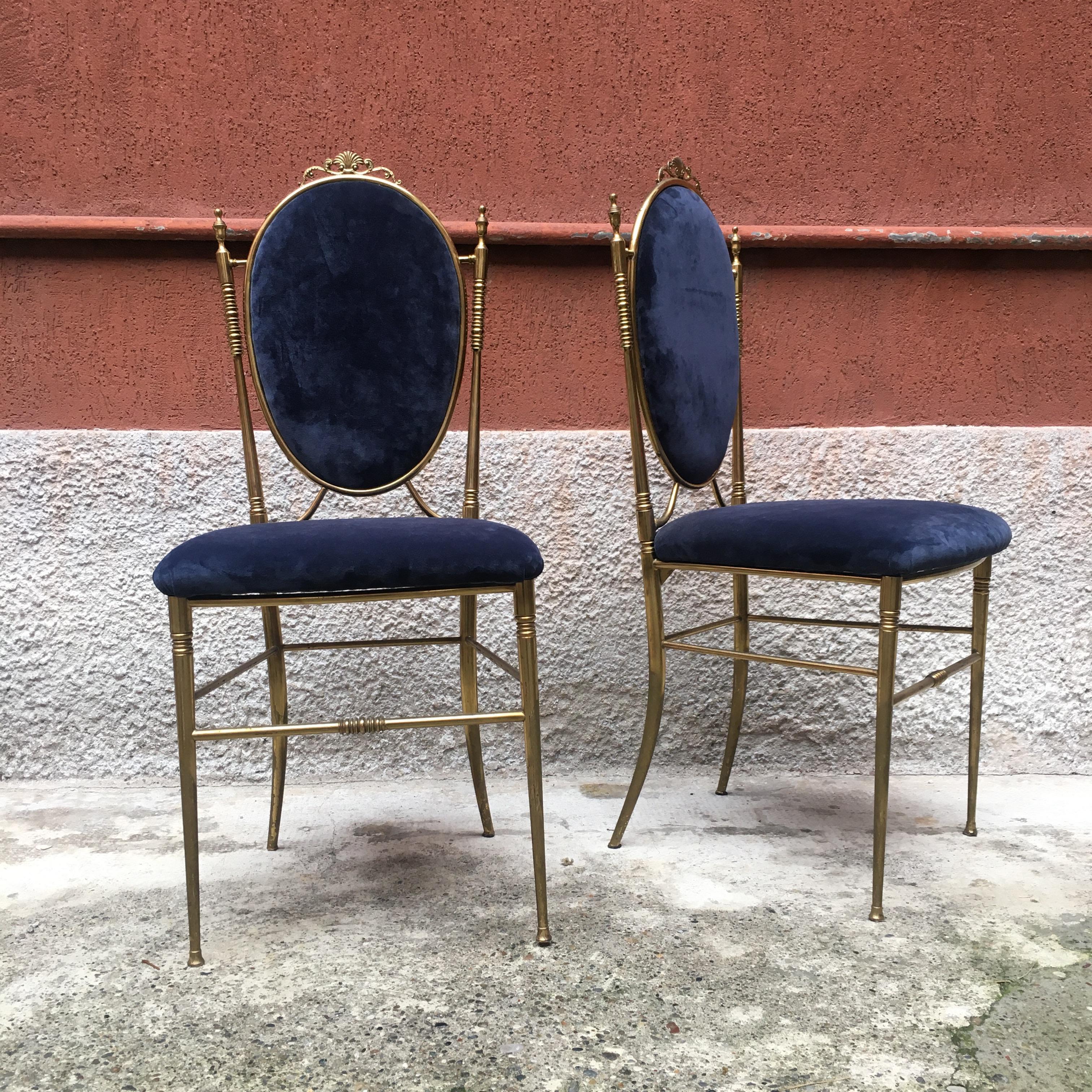 Mid-Century Modern Italian Brass and Velvet Dining Room Chairs, 1940s