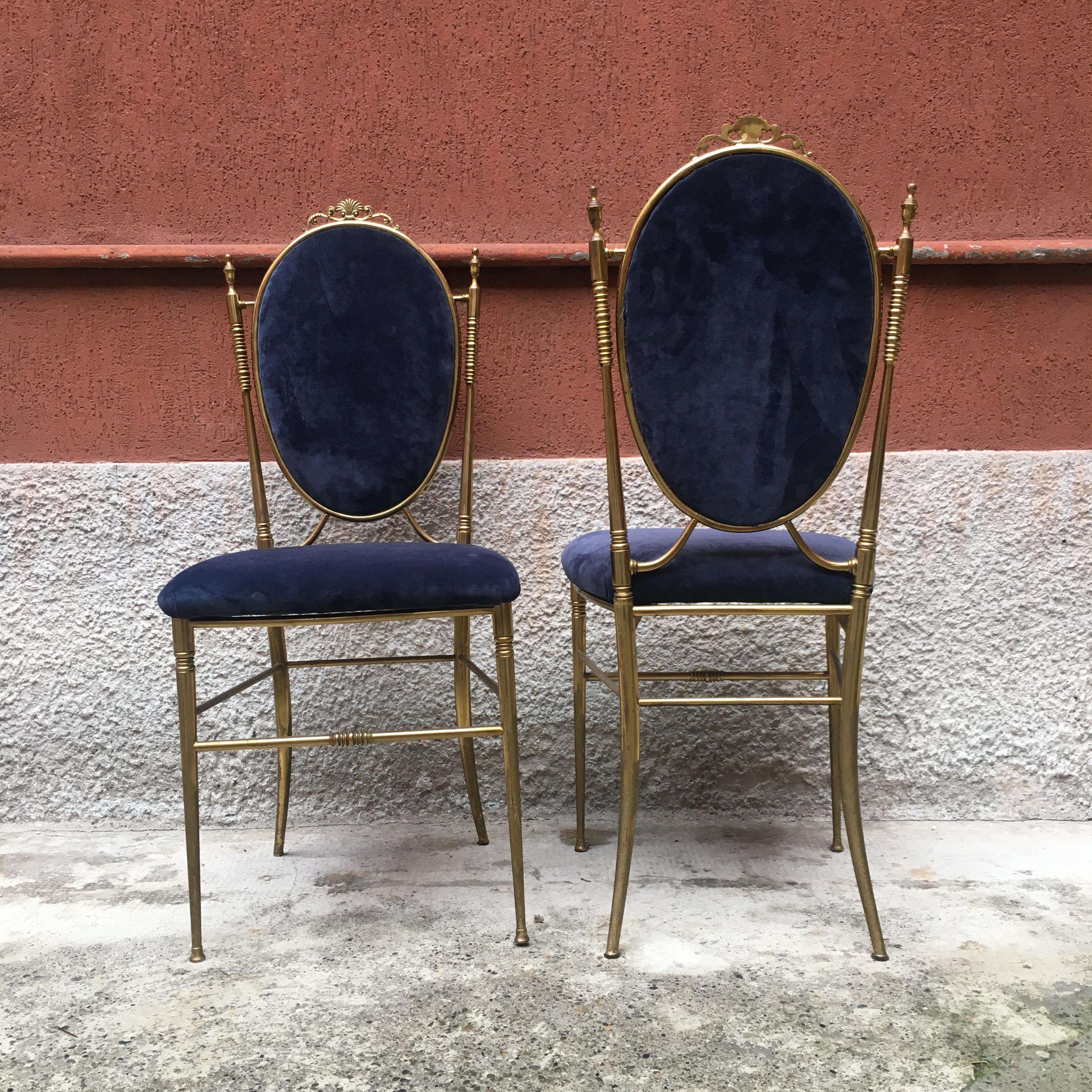 Italian Brass and Velvet Dining Room Chairs, 1940s In Excellent Condition In MIlano, IT