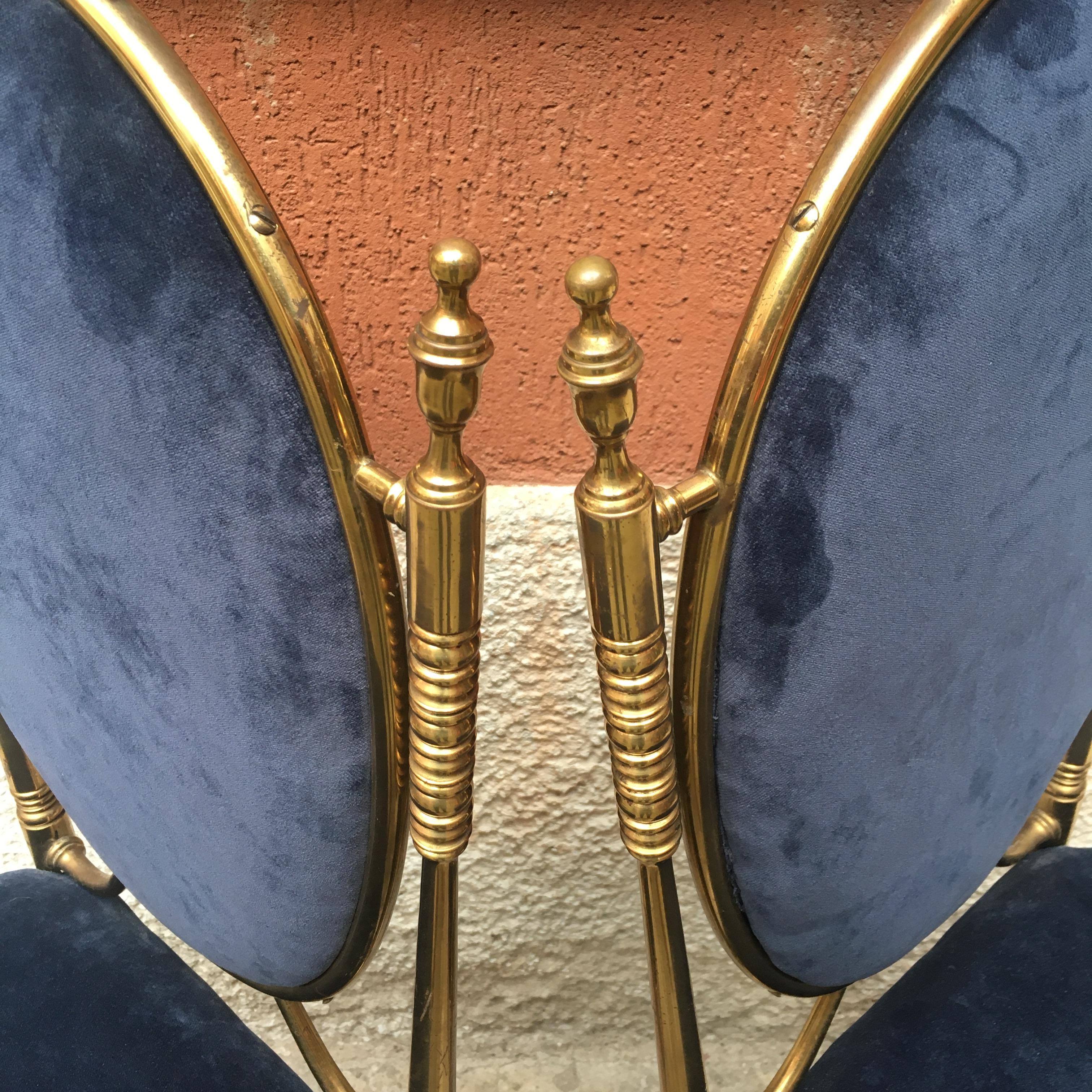 Italian Brass and Velvet Dining Room Chairs, 1940s 1