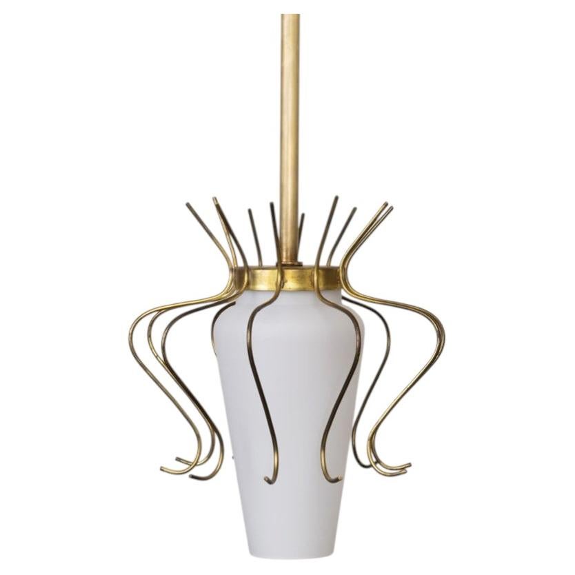 Italian Brass and White Glass Pendant Light