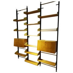 Italian Brass and Wood Adjustable Shelves Bookcase, 1950s