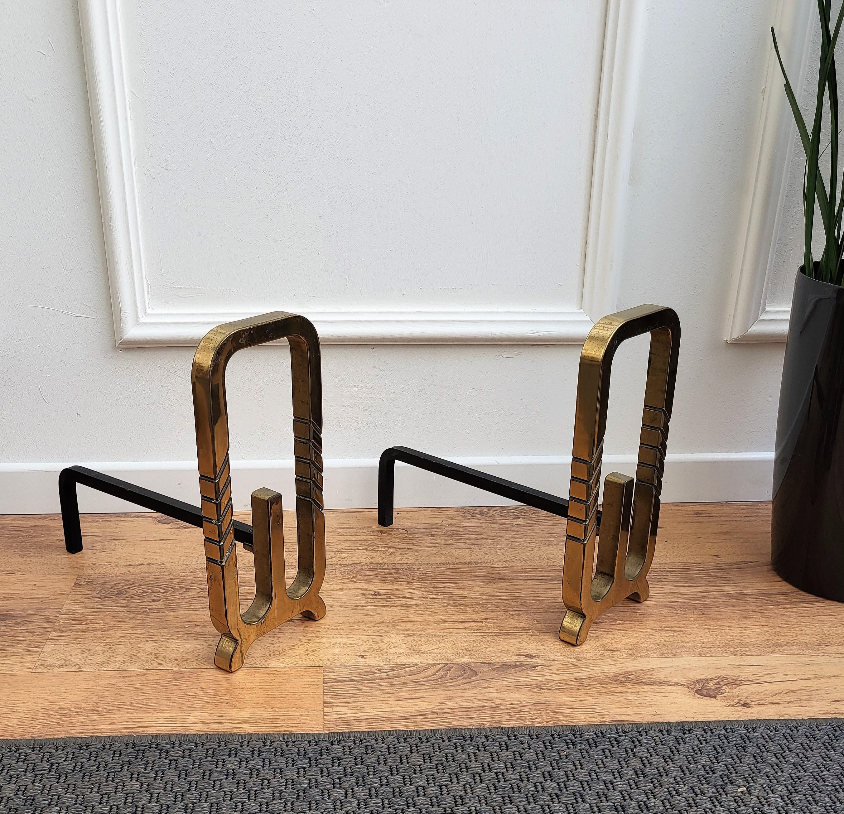 Hollywood Regency Italian Brass and Wrought Iron Pair of Andirons