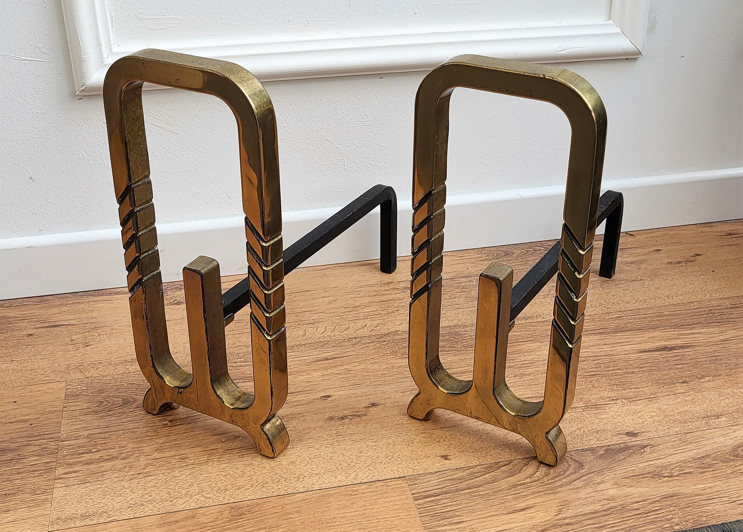 20th Century Italian Brass and Wrought Iron Pair of Andirons