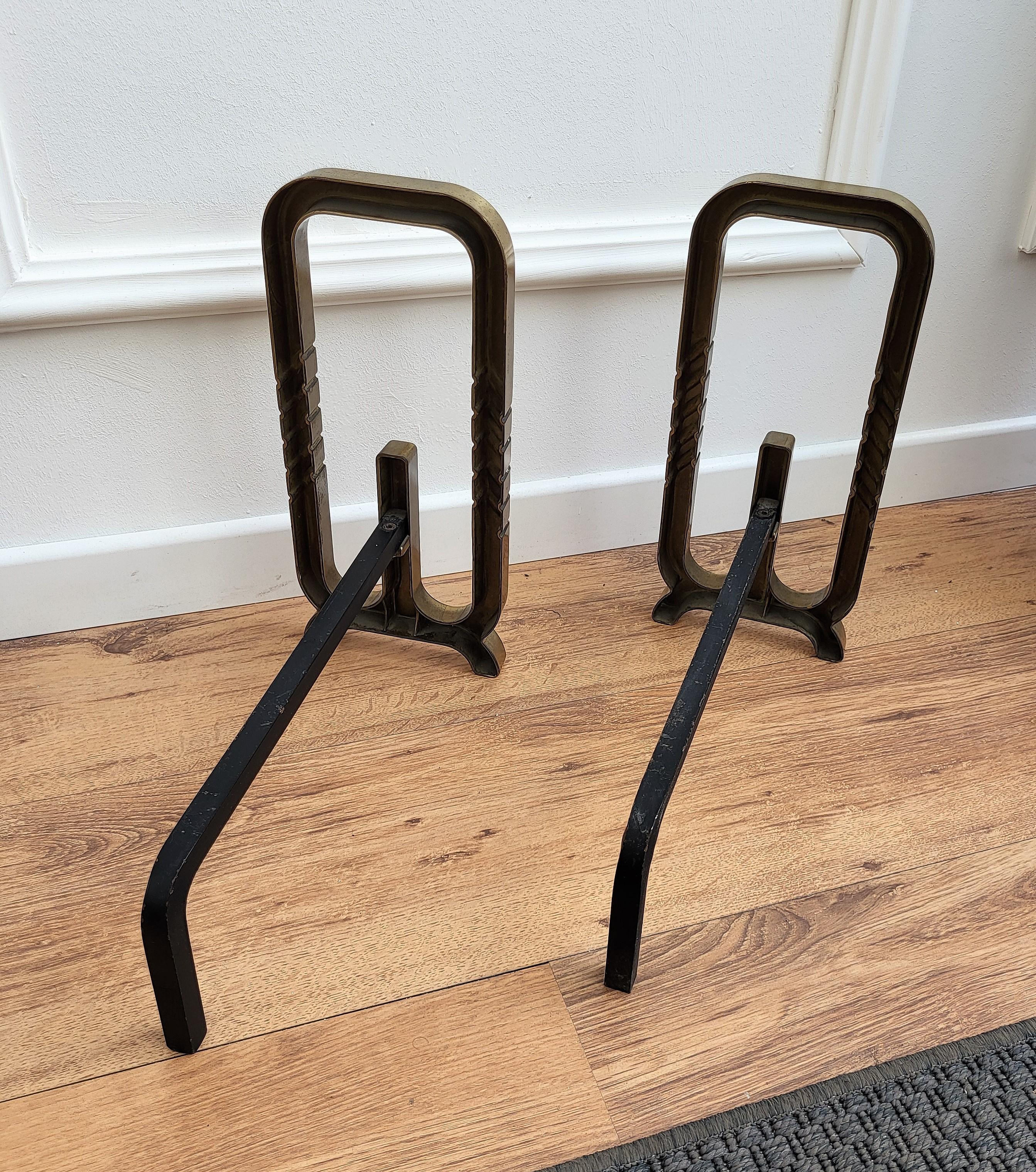 Italian Brass and Wrought Iron Pair of Andirons 1