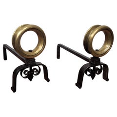 Italian Brass and Wrought Iron Pair of Andirons