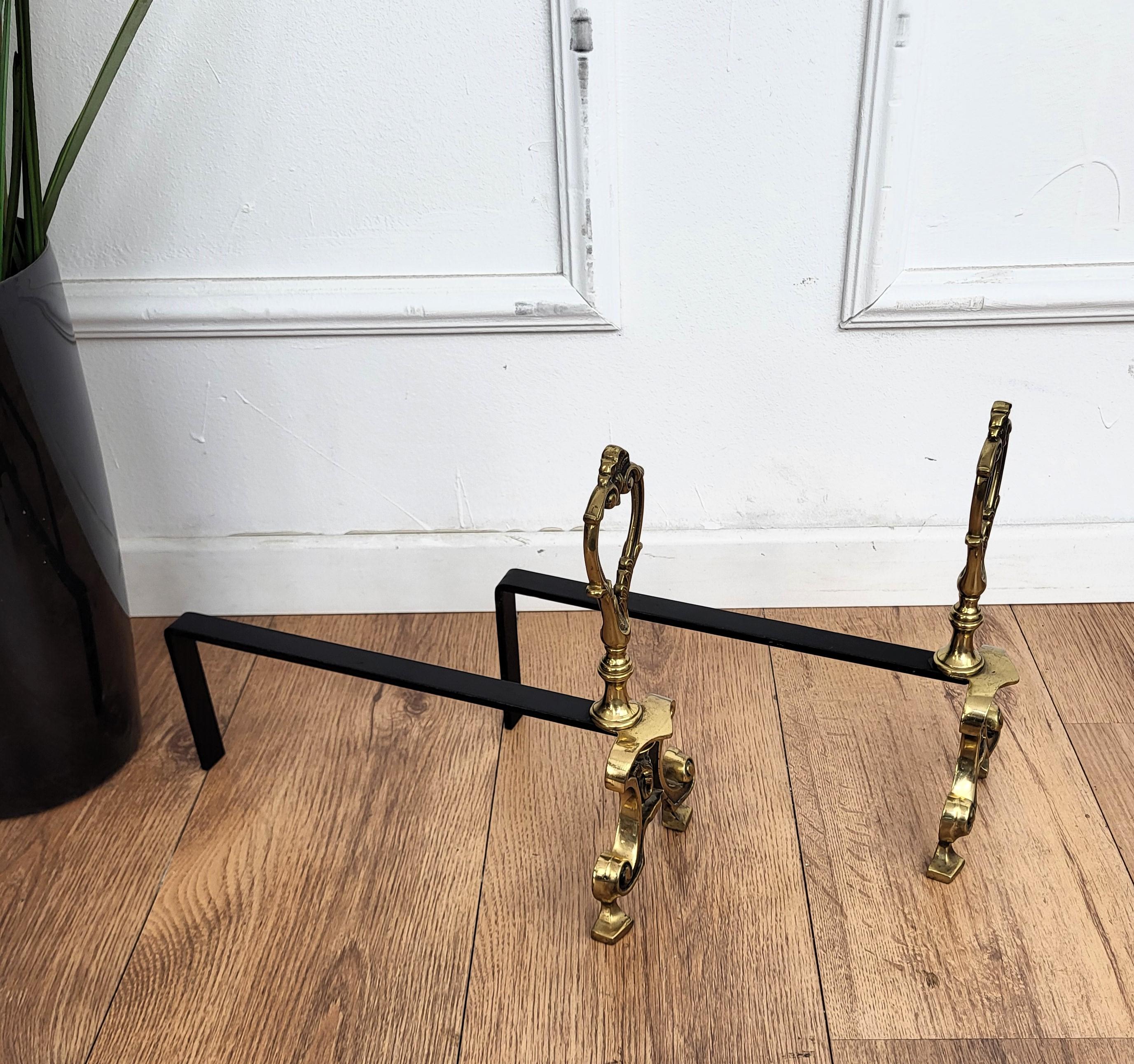 italien Italian Brass and Wrought Iron Pair of Andirons Log Holder en vente