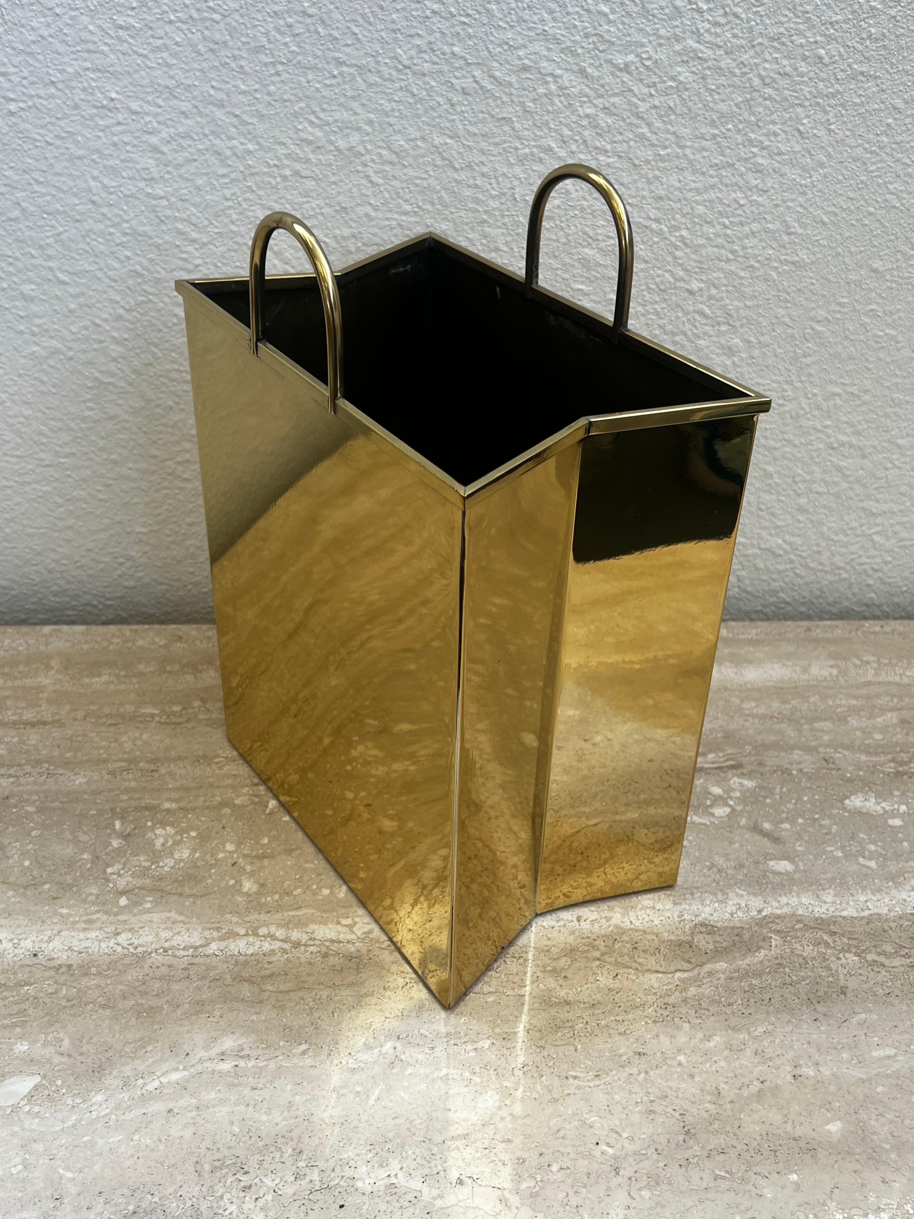Hand-Crafted Italian Brass Bag Waste Basket For Sale