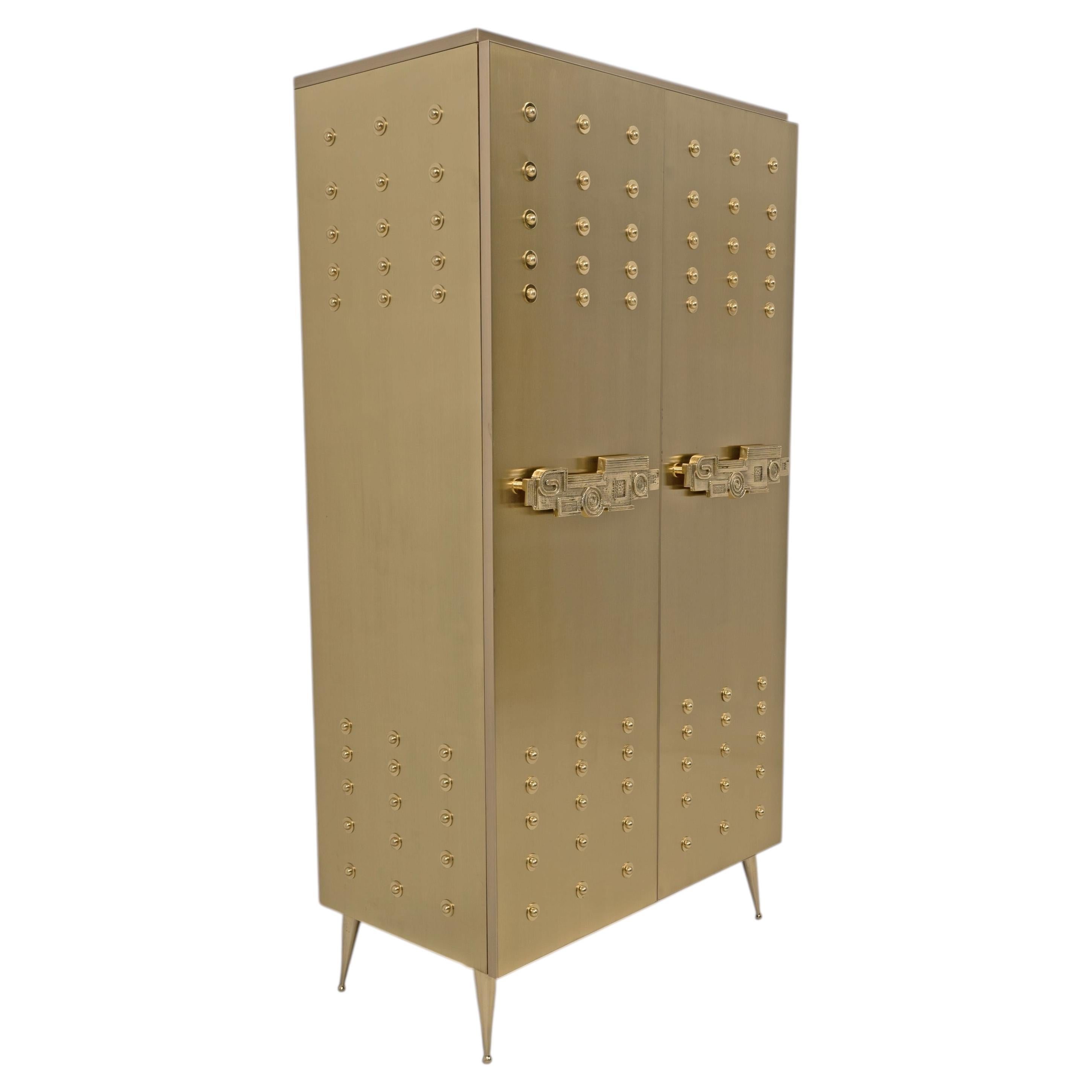Italian Brass Bar Cabinet with Sculptural Cast Brass Handles
