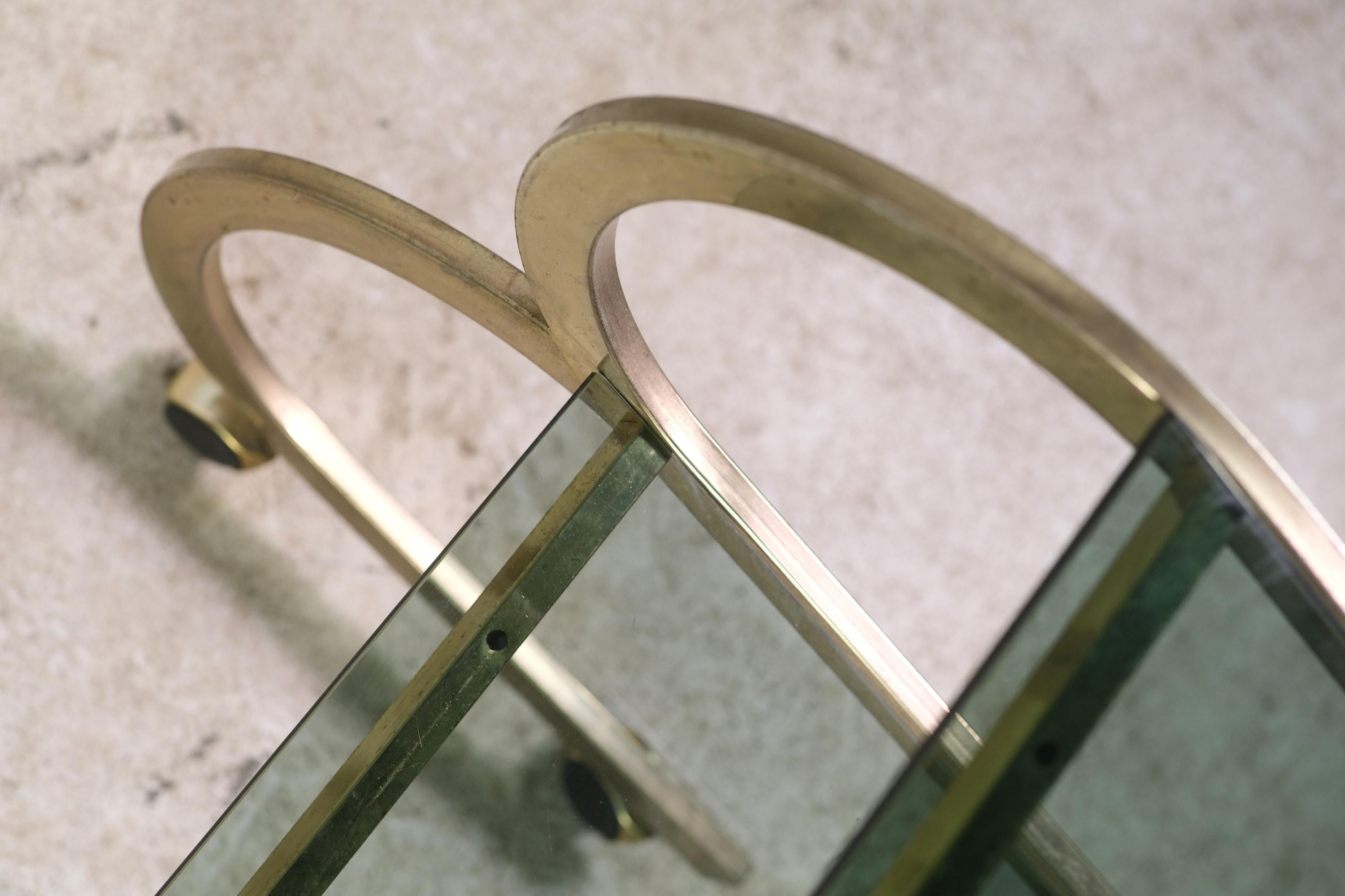Italian Brass Bauhaus Inspired Bar Cart W/ 2-Tier Glass Shelves 5