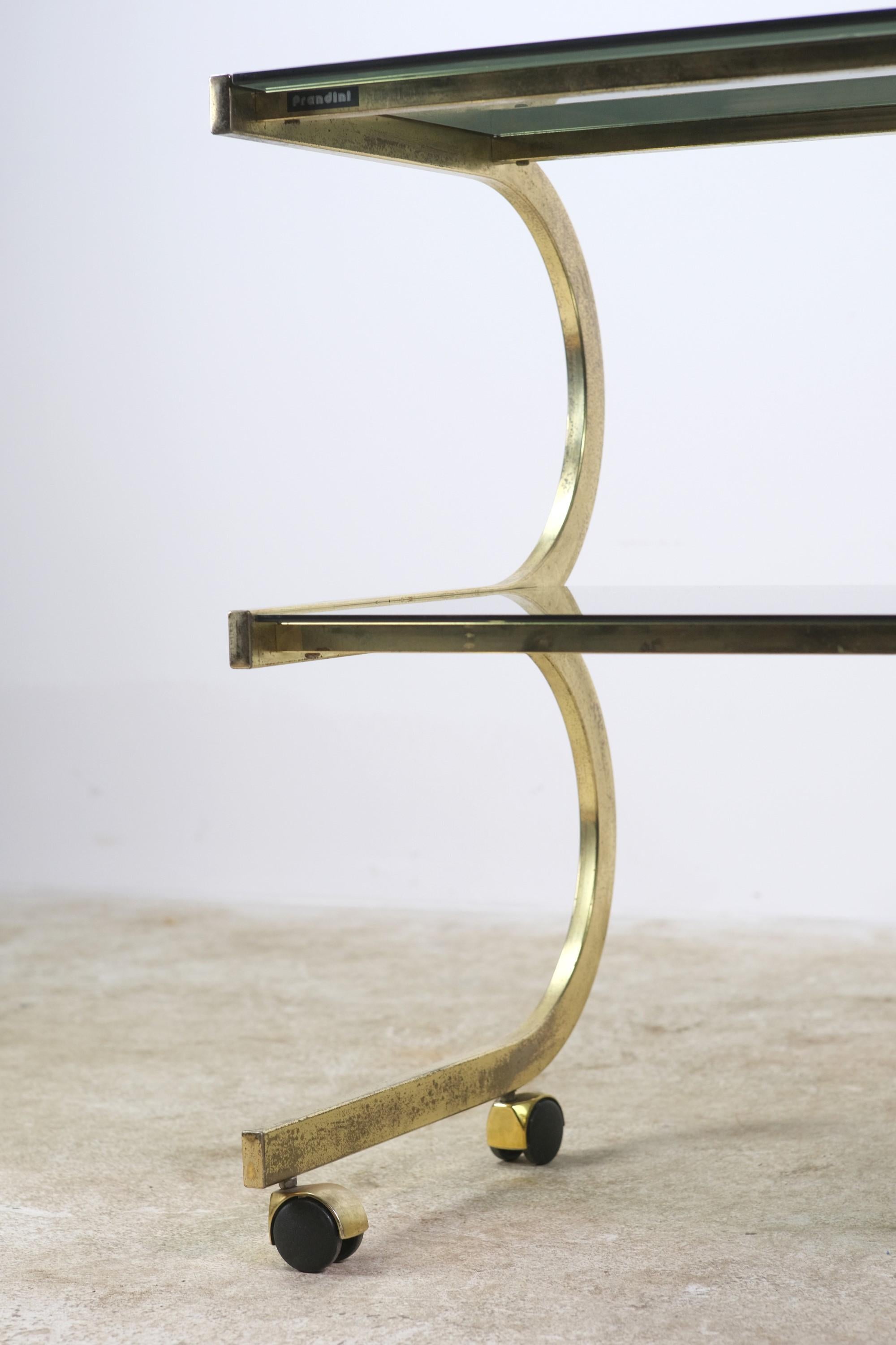 Italian Brass Bauhaus Inspired Bar Cart W/ 2-Tier Glass Shelves 6