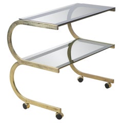 Vintage Italian Brass Bauhaus Inspired Bar Cart W/ 2-Tier Glass Shelves