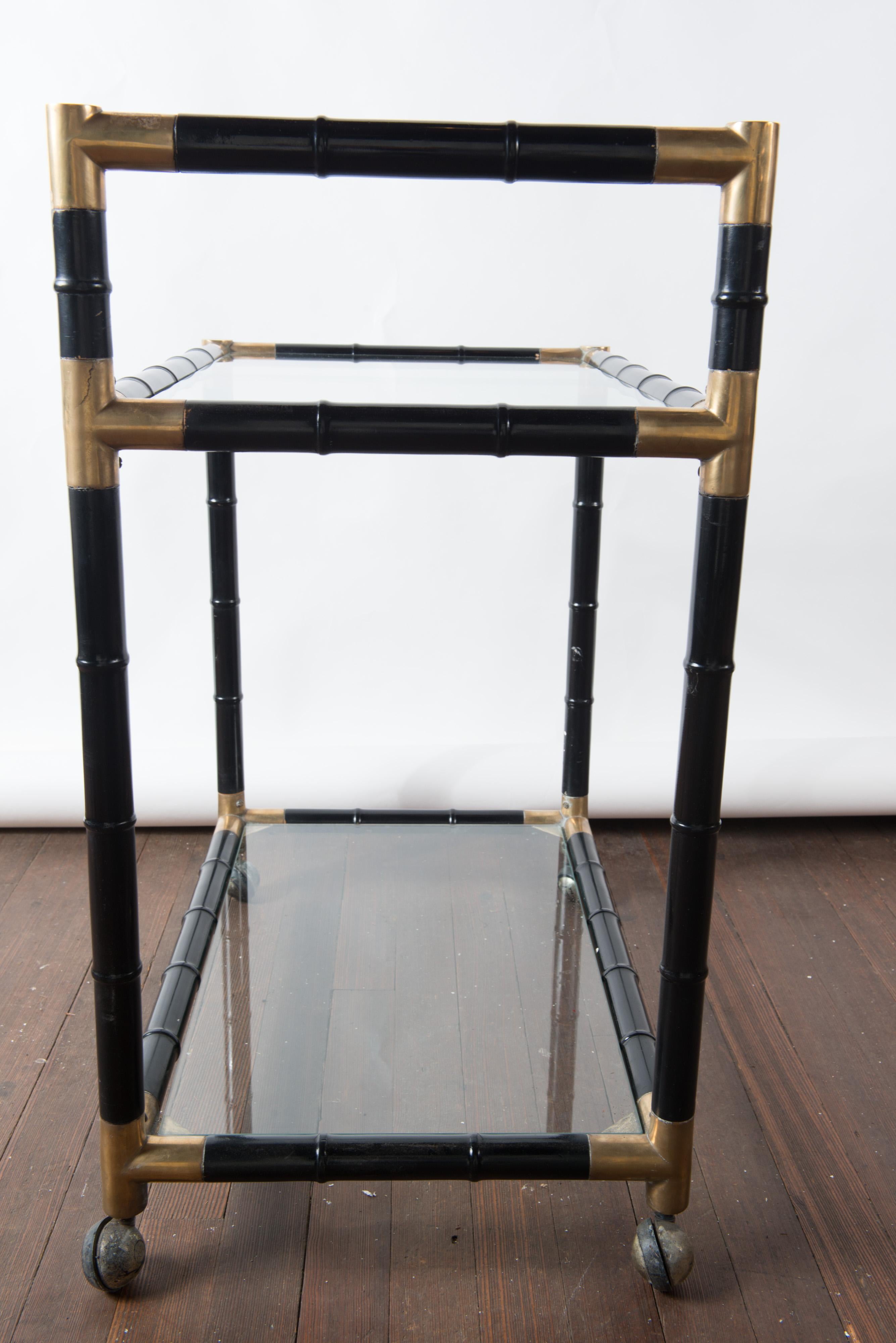 Late 20th Century Italian Brass and Black Faux Bamboo Bar Cart, Billy Haines Style