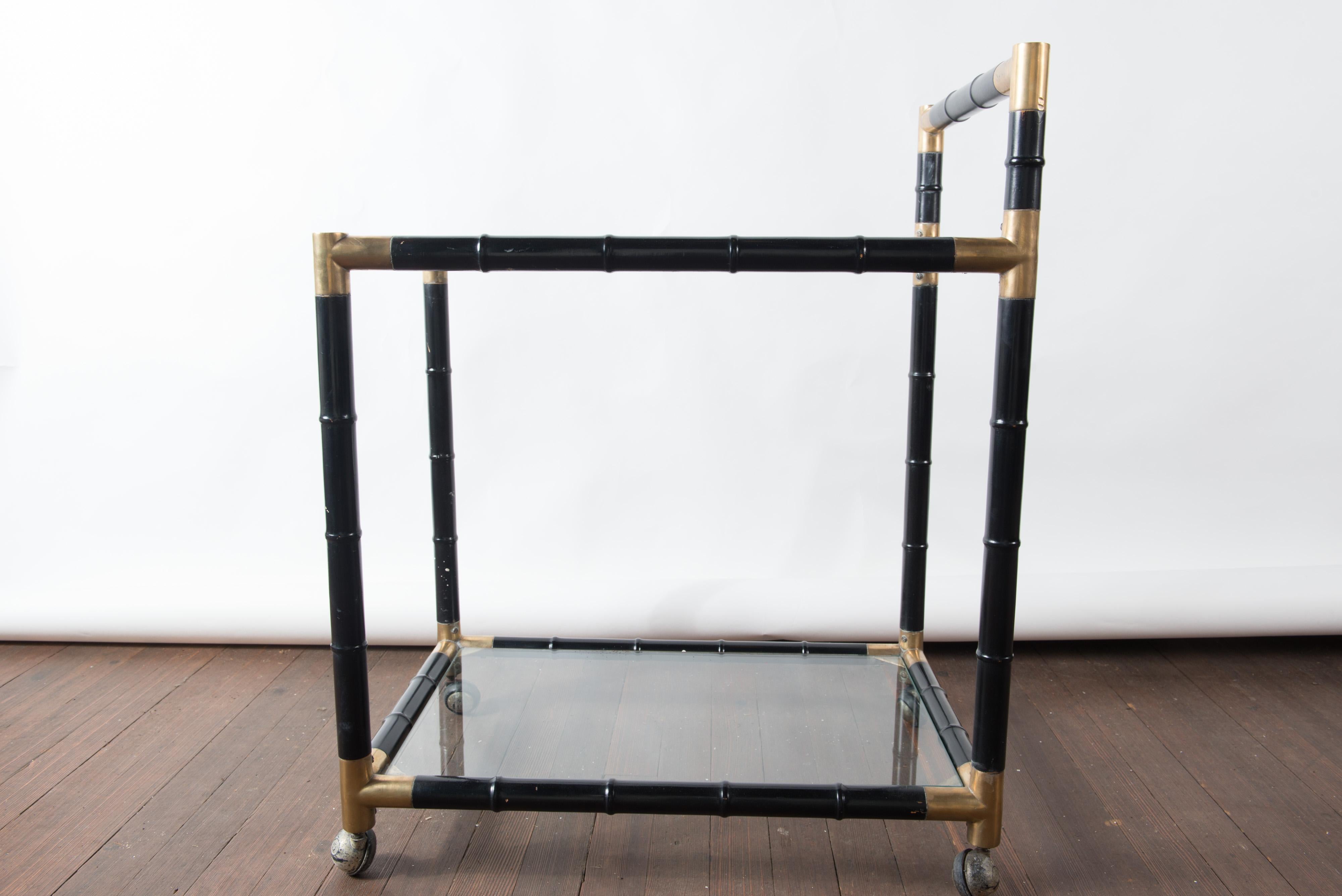 Wood Italian Brass and Black Faux Bamboo Bar Cart, Billy Haines Style