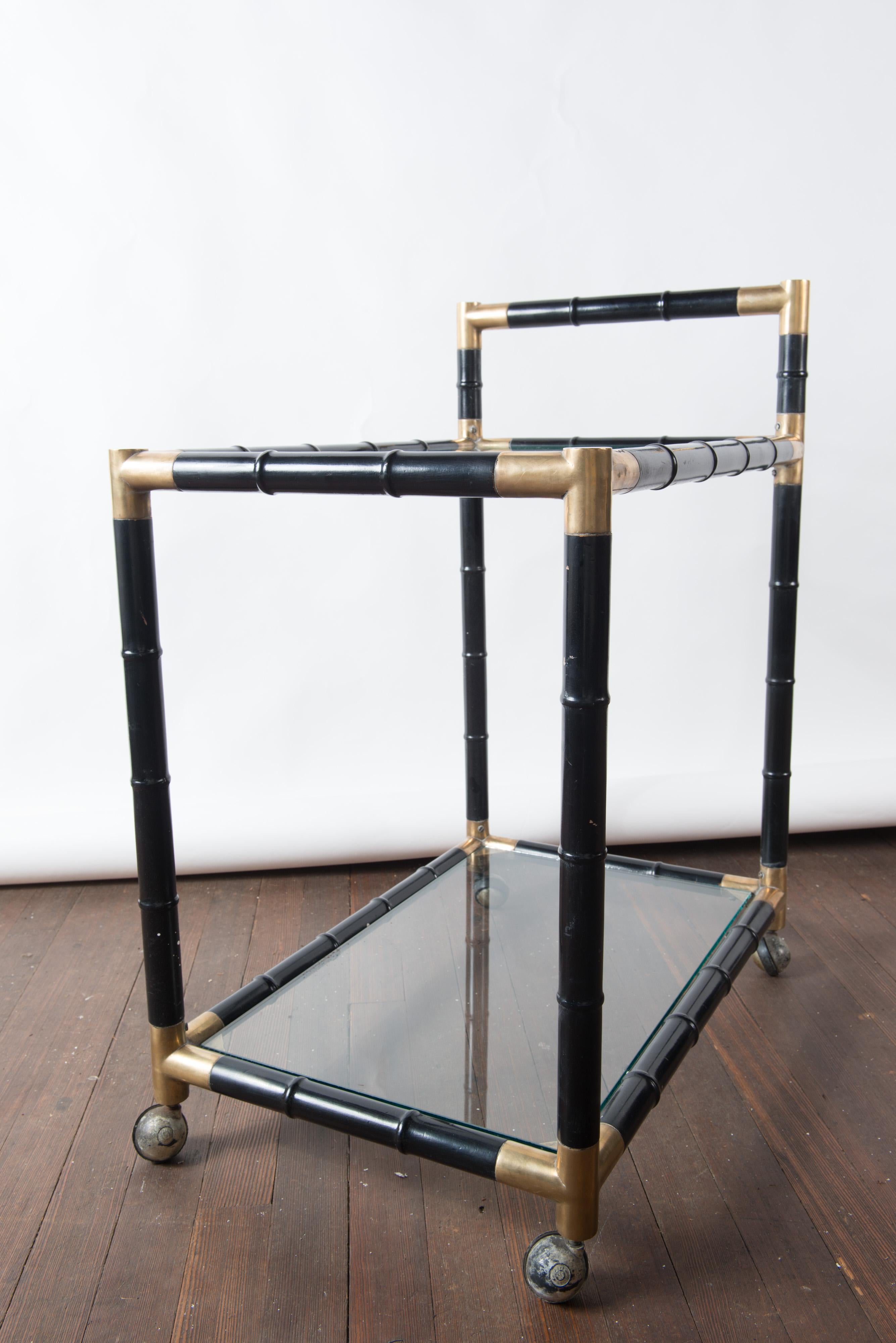 Italian Brass and Black Faux Bamboo Bar Cart, Billy Haines Style 2