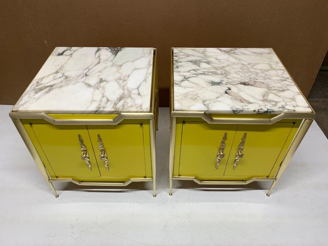 Mid-Century Modern Italian Brass Cabinets with Marble Tops, Pair For Sale