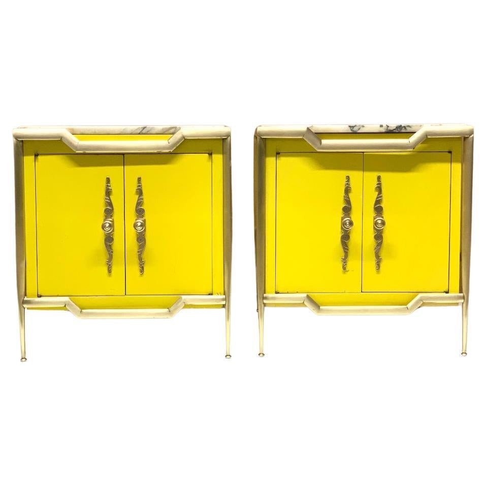 Italian Brass Cabinets with Marble Tops, Pair For Sale