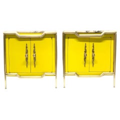 Retro Italian Brass Cabinets with Marble Tops, Pair