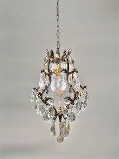 Lampadario italiano a gabbia in ottone con cristalli di Boemia