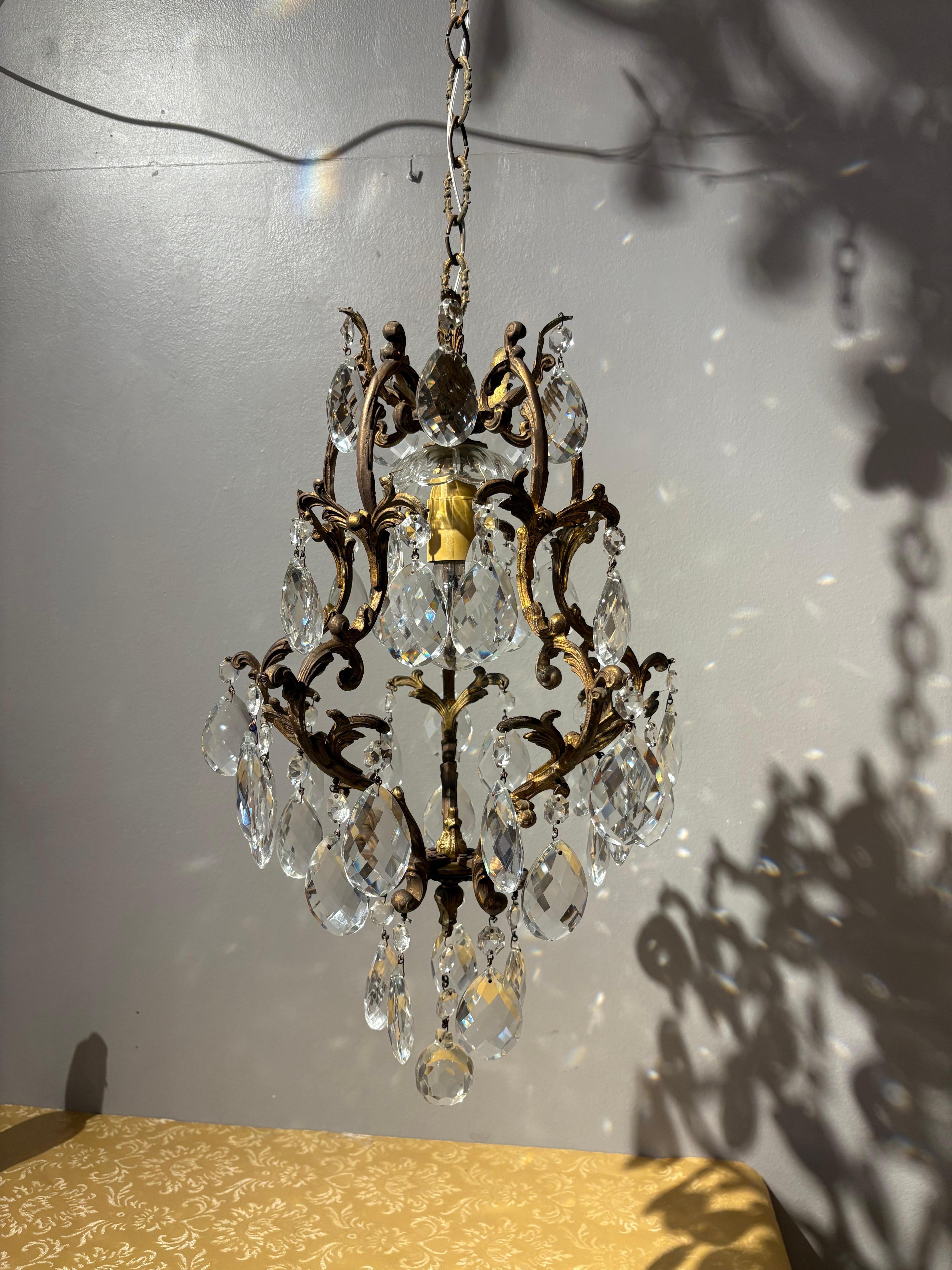 Italienischer Messing-Käfig-Kronleuchter mit böhmischen Kristallen (Moderne der Mitte des Jahrhunderts) im Angebot