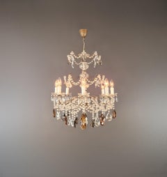 Italian Brass Chandelier 1920 Hand-Knotted Crystals in Amber Smoke Grey Clear