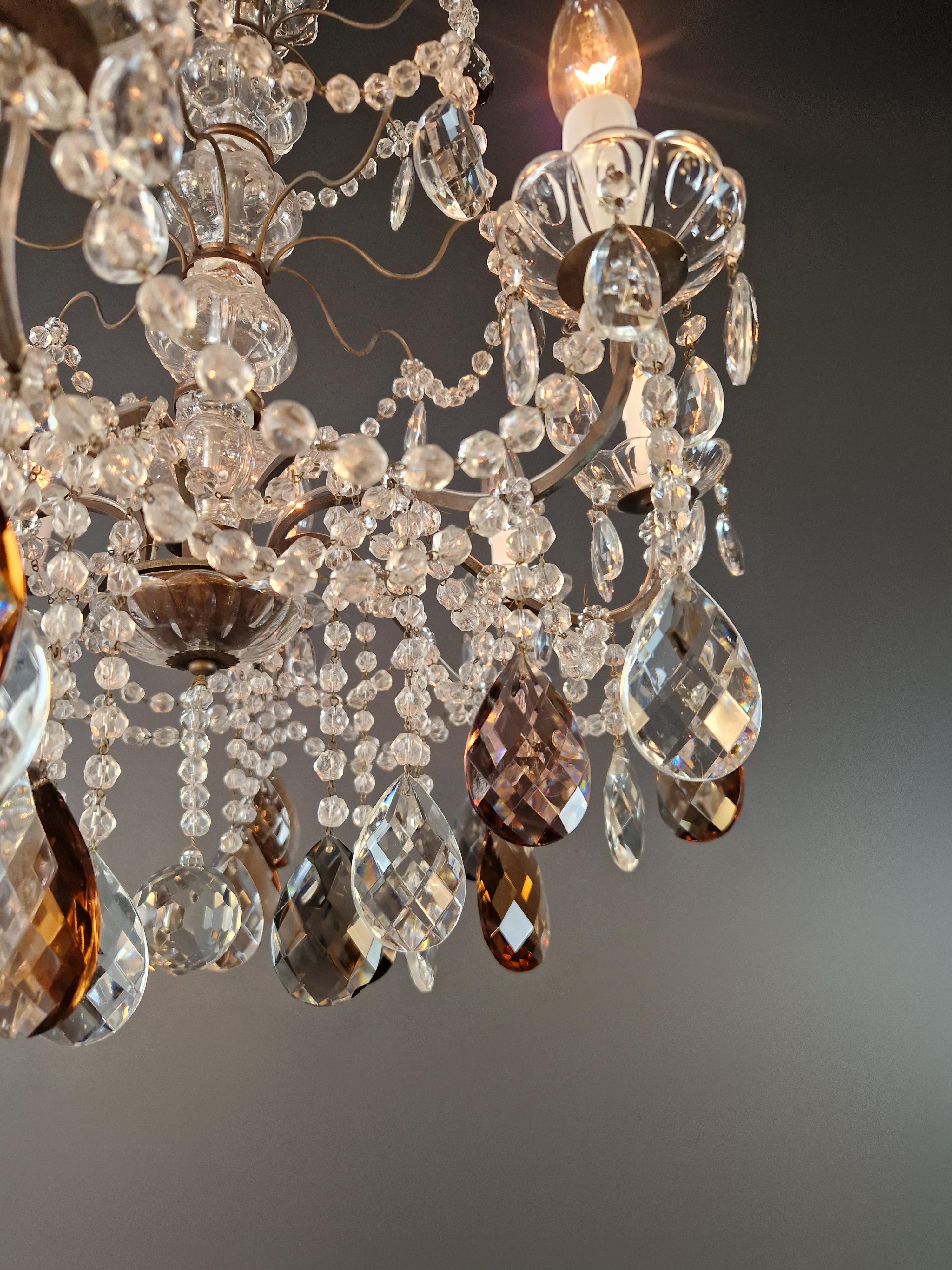 Inizio XX secolo Lampadario in ottone italiano 1920 con cristalli annodati a mano in ambra, grigio fumo, trasparente in vendita