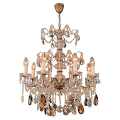 Italian Brass Chandelier 1920 Hand-Knotted Crystals in Amber Smoke Grey Clear