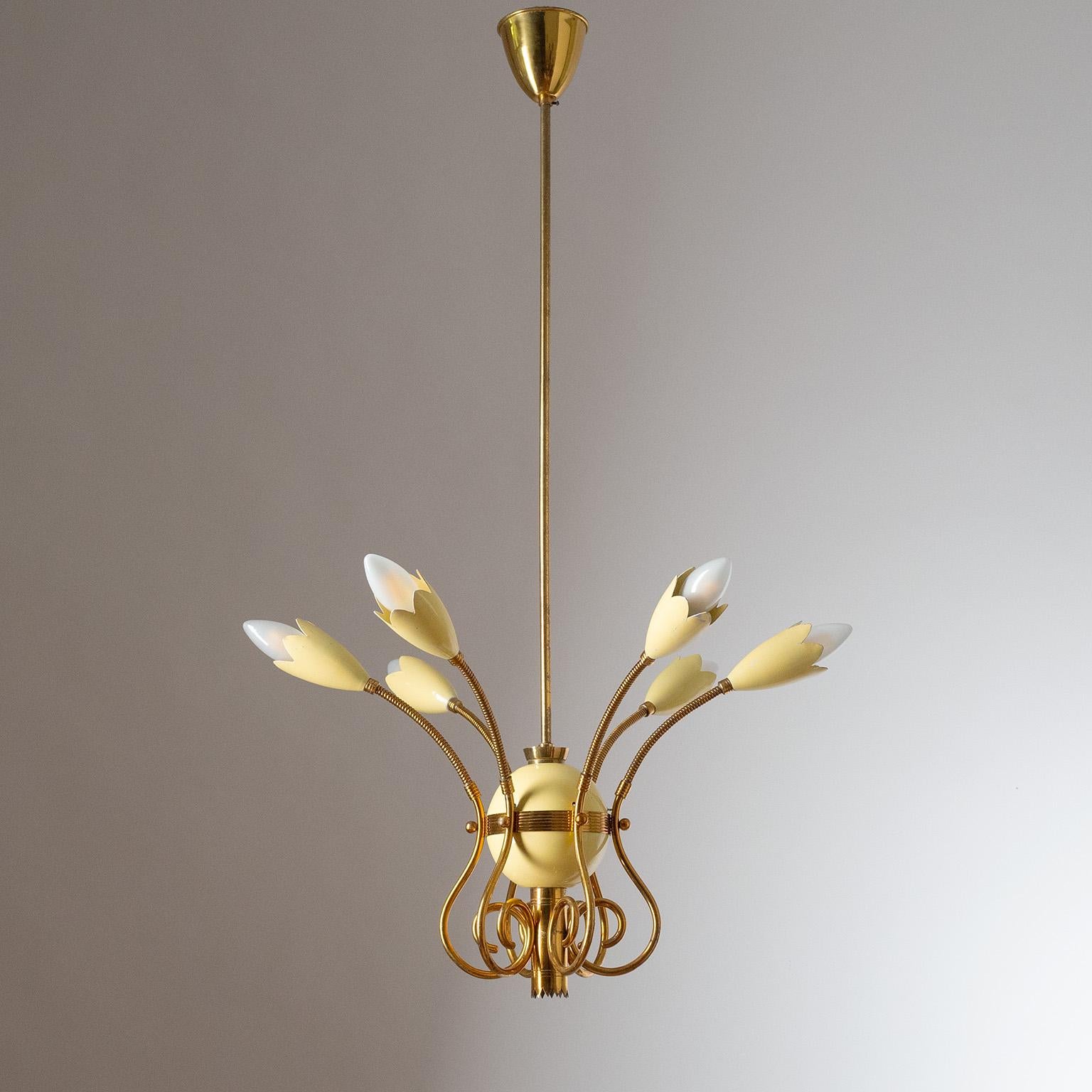 Rare Italian six-arm brass chandelier from the 1940s. Intricate brass decorations and rare brass 'goose neck' arms, allowing for various positions and lighting settings. Socket covers and central globe are lacquered aluminum with original paint. Six