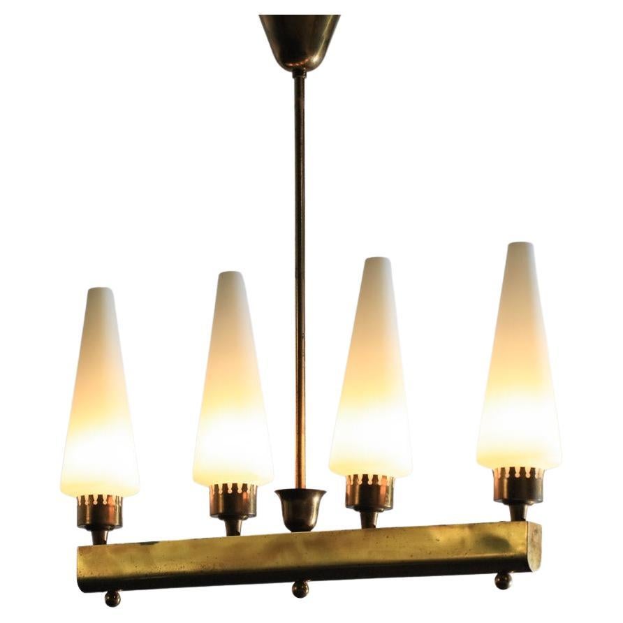 Mid-Century Modern Italian brass chandelier from the 40's or 50's glass 4 cones  For Sale