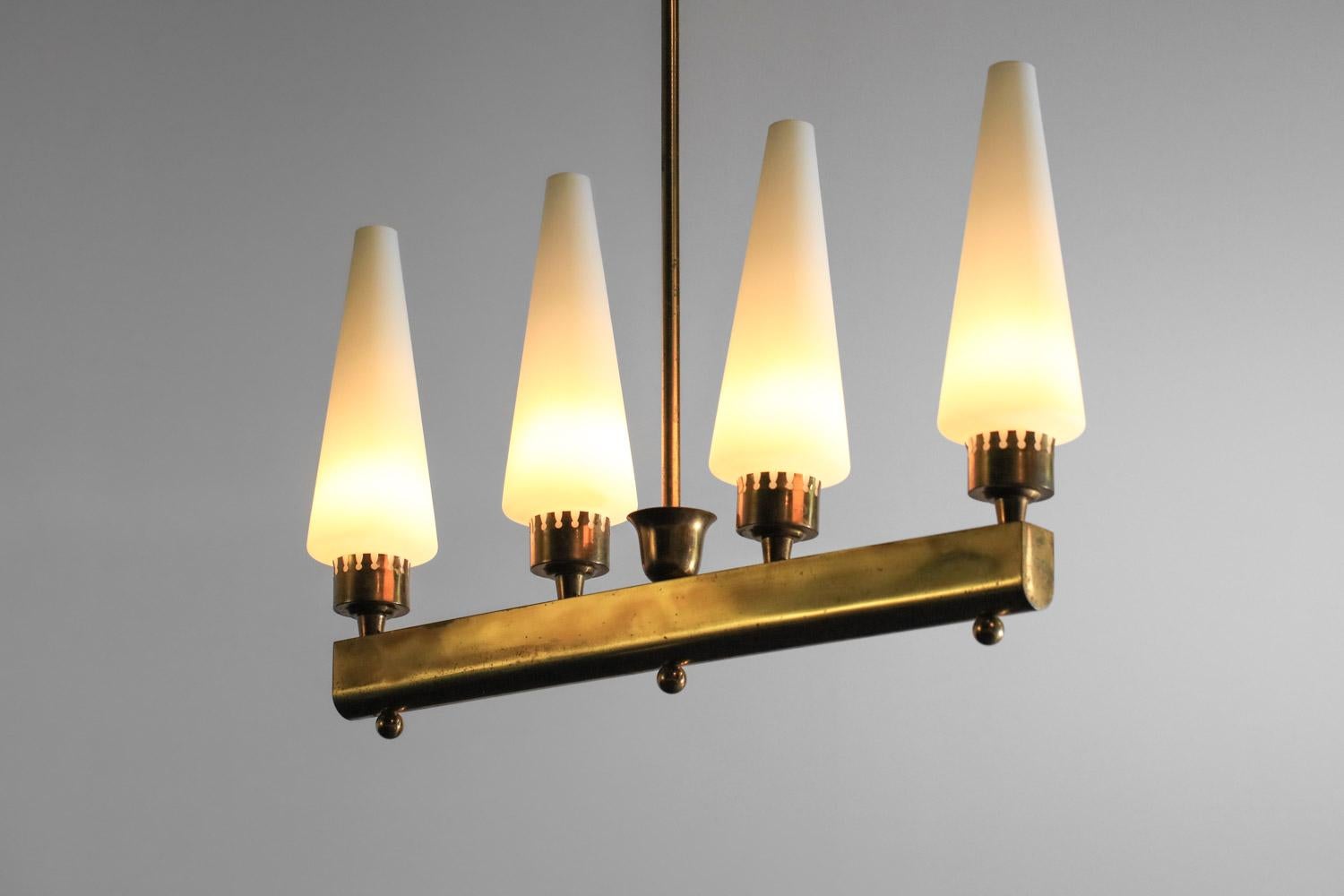 Mid-20th Century Italian brass chandelier from the 40's or 50's glass 4 cones  For Sale