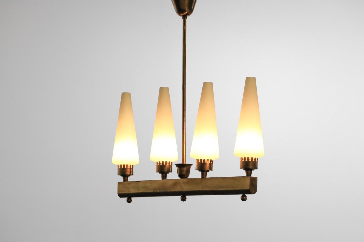 Italian brass chandelier from the 40's or 50's glass 4 cones  For Sale 2